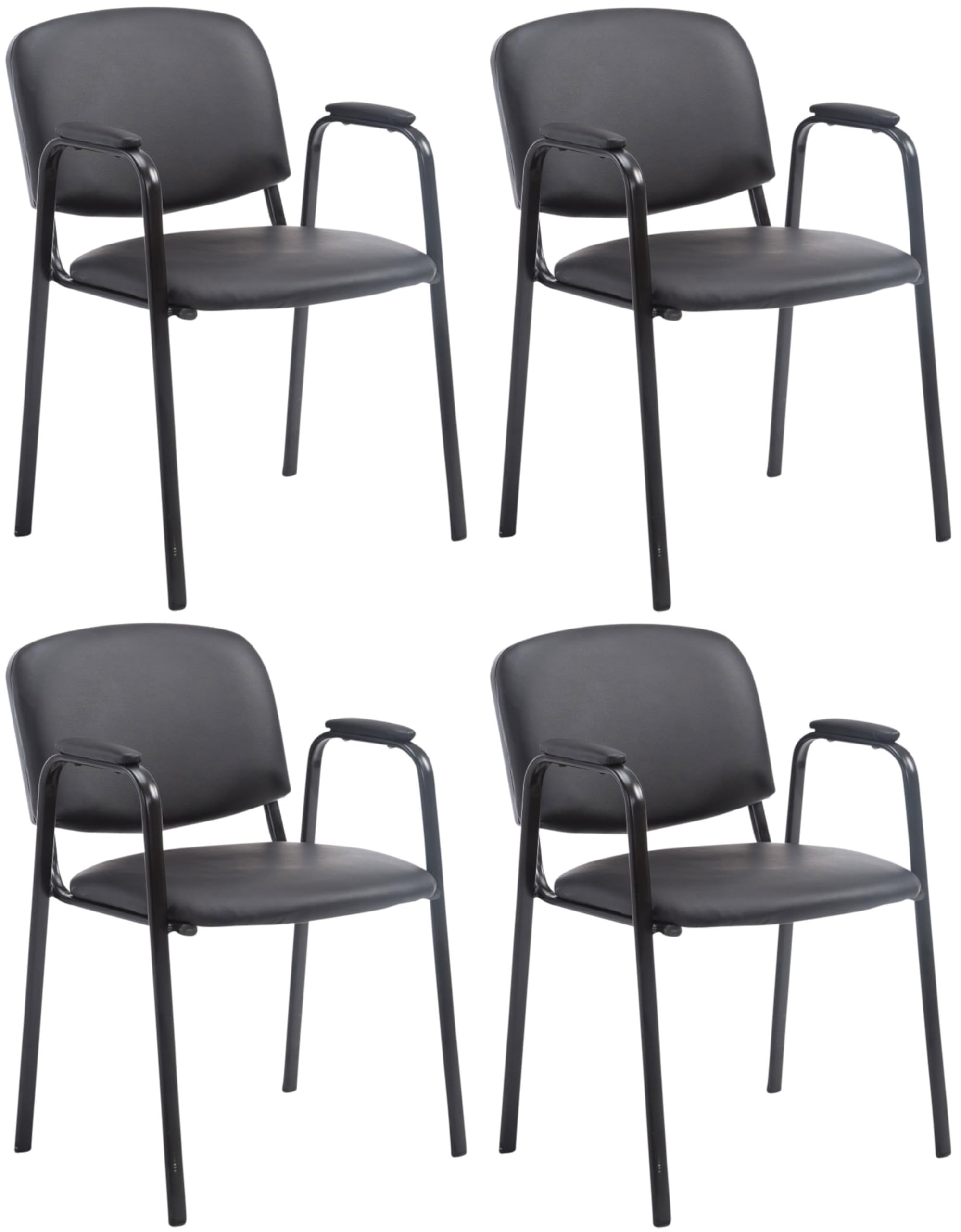 CLP Set 4 Sillas Apilables Ken Pro con Reposabrazos Acolchados, Sillas Conferencia Piel Sintética, Estructura Metal Negro Resistente 150 kg, Color:Negro