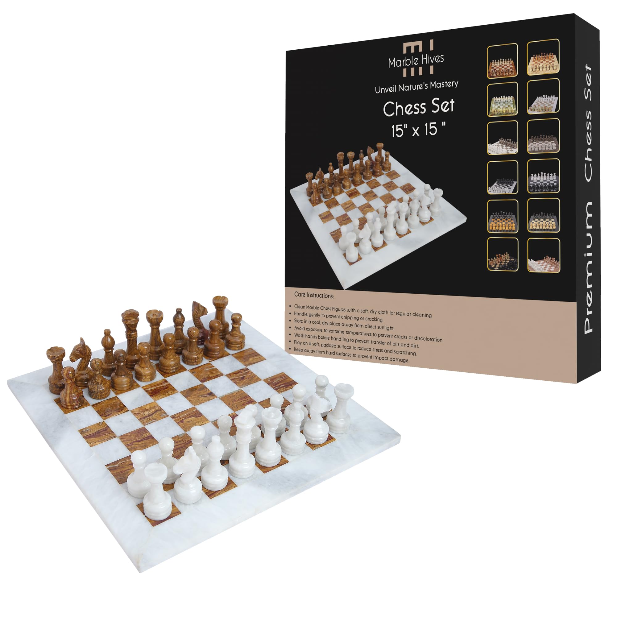 Natural Marble Chess Pieces Set | Hand-Carved Stone Figures for Adults | Compatible with 10”, 12” & 15” Chess Boards (Black & Verona)