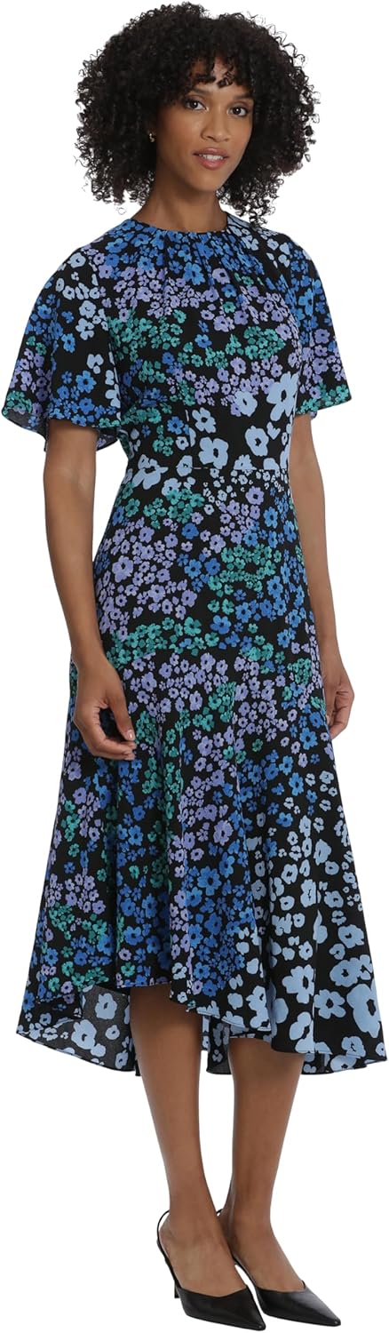 Maggy London Womens Short Flutter Sleeve Fit and Flare Dress with Asymmetric Hem Tier - Image 2