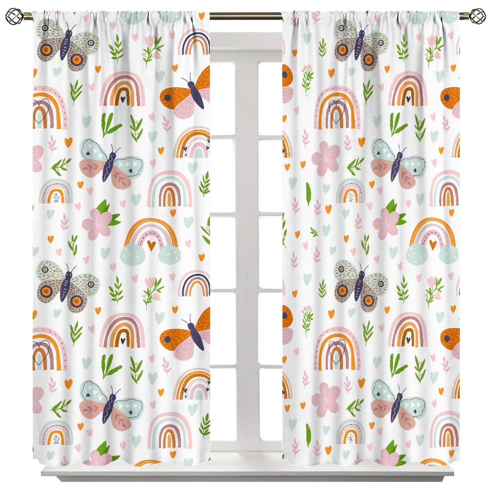 Yoakiet Kids Boho Rainbow Blackout Curtains,Childish Cute Rainbow Butterfly Flower Print Rod Pocket Window Treatments Drapes for Living Room Playroom Nursery42x45in