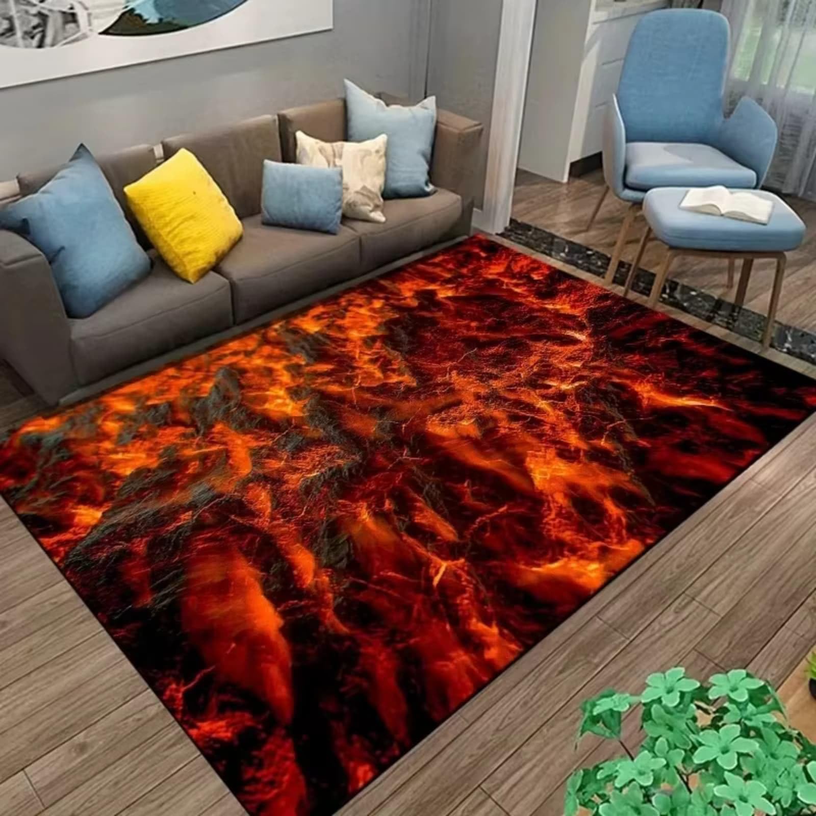 Tapis chambre ado lavable 140x200 antidérapant avec motif flammes illusion optique