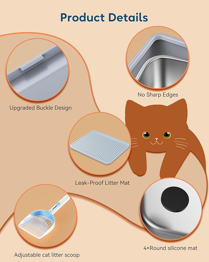 Overall, the Stainless Steel Cat Litter Box with Top Lid is a practical and stylish option for cat owners looking for a high-quality and durable litter box. Its easy-to-clean design, non-sticky surface, and anti-leakage properties make it a convenient choice for keeping your cat's litter area clean and odor-free. Description by ChatGPT.