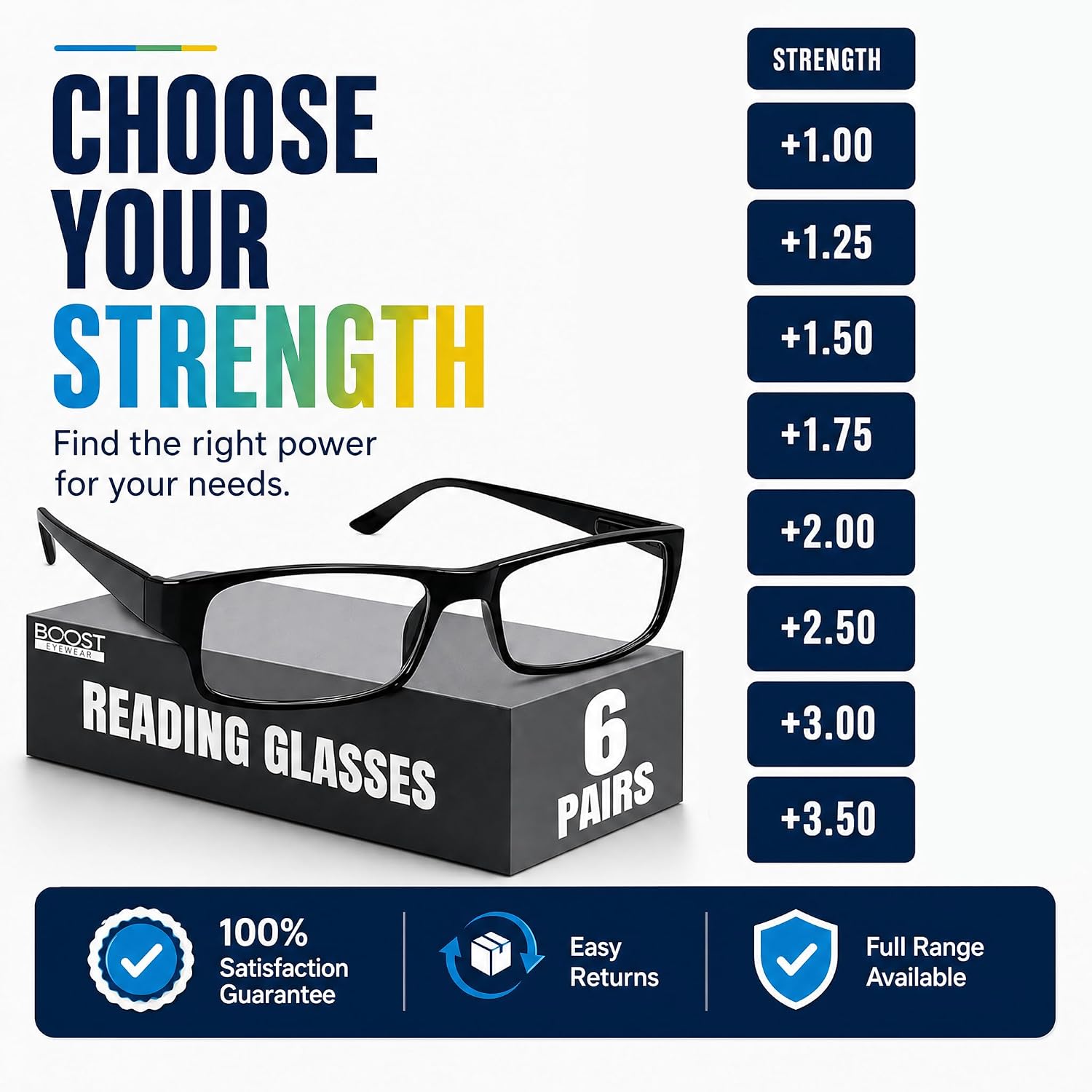 Boost Eyewear Reading Glasses, Traditional Black Frames, with Spring Loaded Hinges