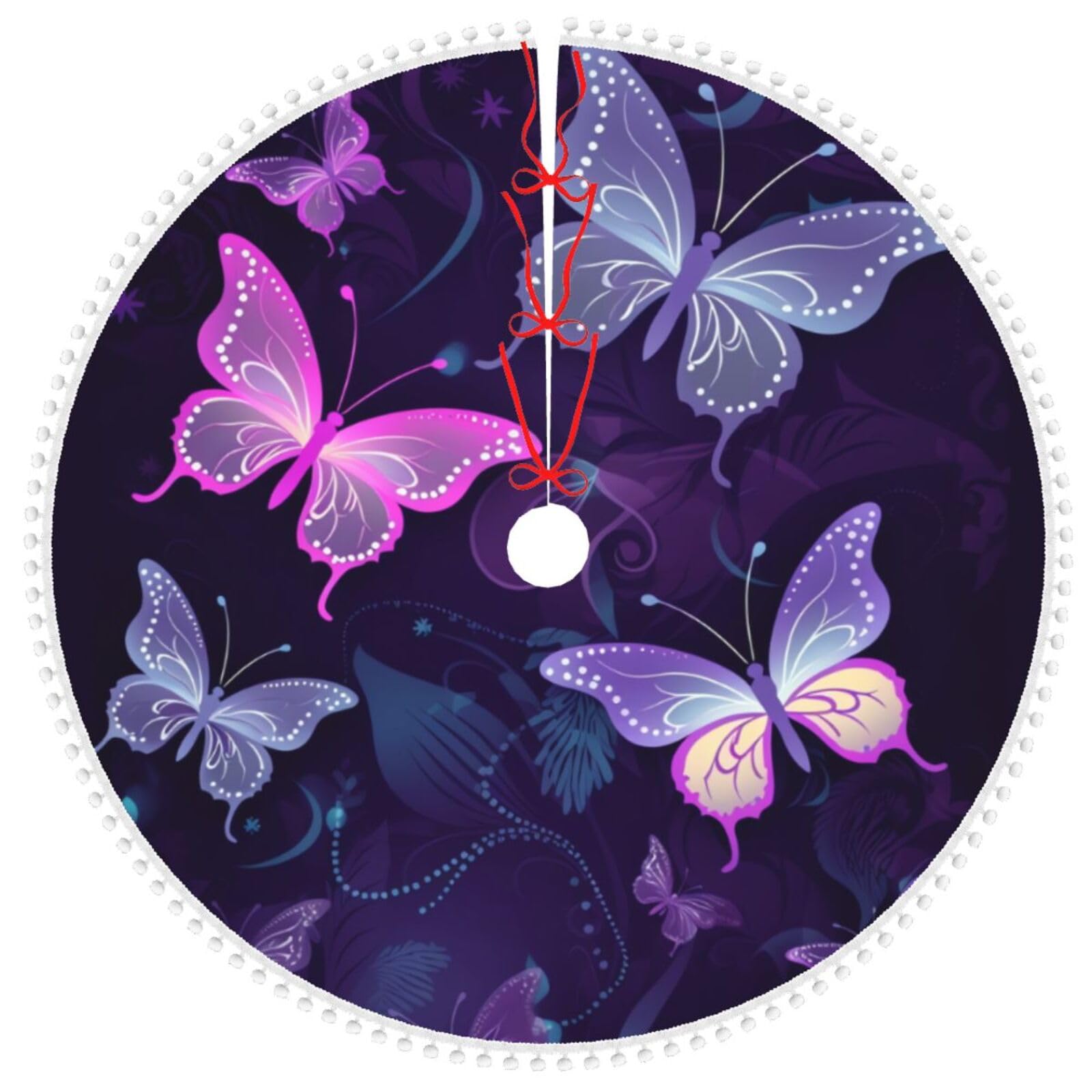 Jupe de sapin de Noël 122cm violette à papillons et pompons doux