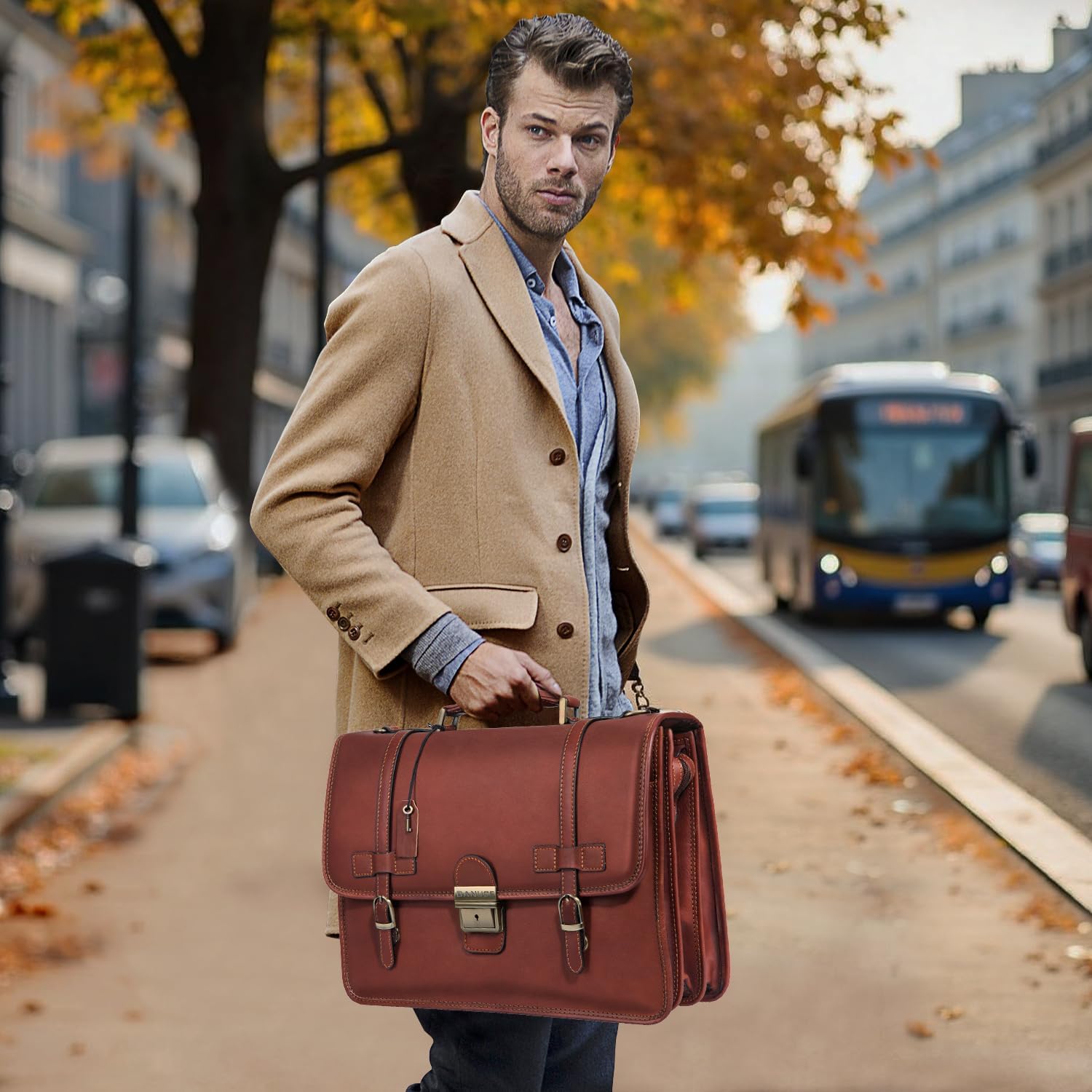 Banuce Vintage Genuine Full Grain Italian Leather Briefcase for Men with Lock 14 Inch Laptop Attache Case with Luggage Strap Brown - Image 2