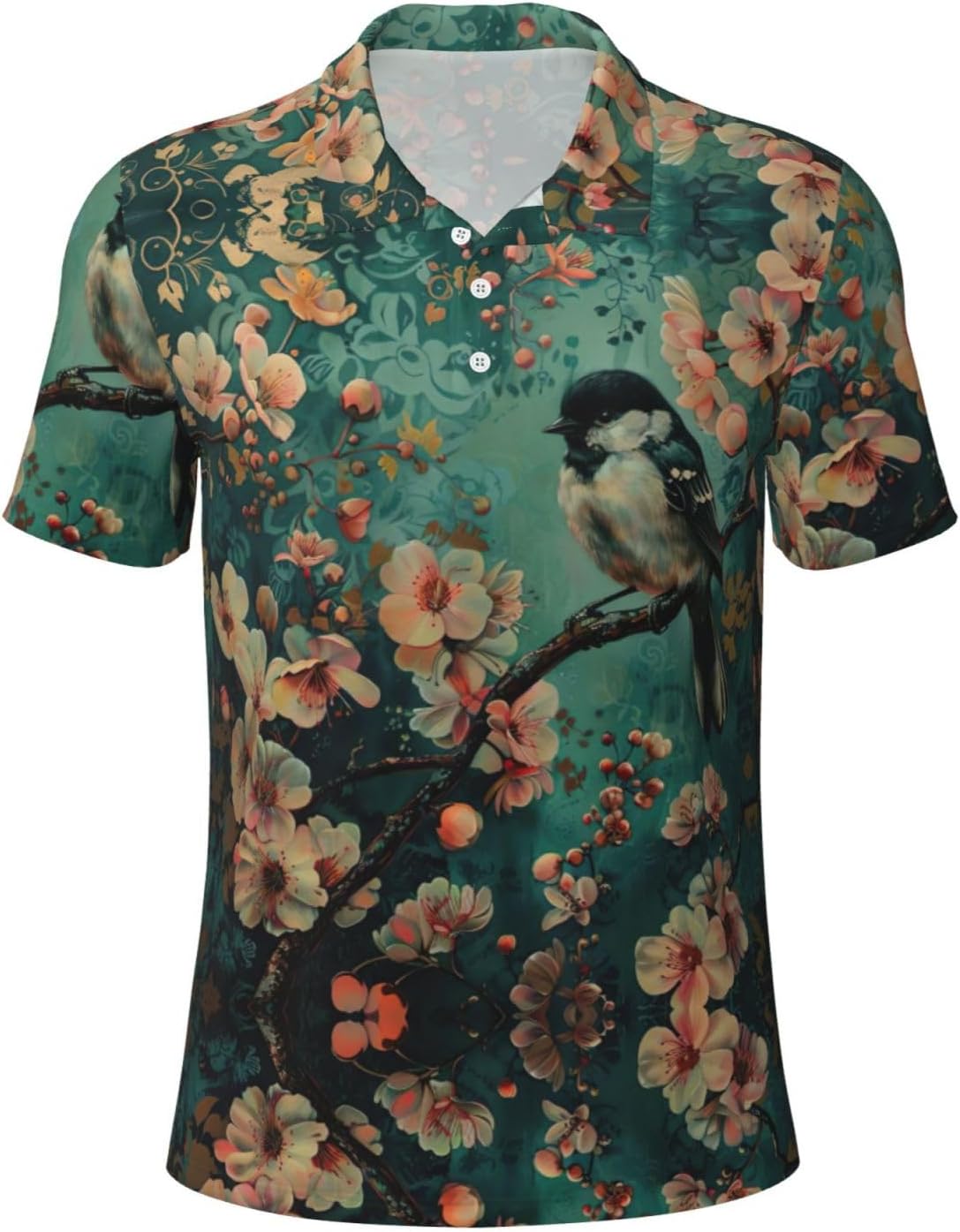 Flower and Bird Art Print Polo Shirts Short Sleeve,Casual Shirts for Men,Versatile Fashion for All Occasions