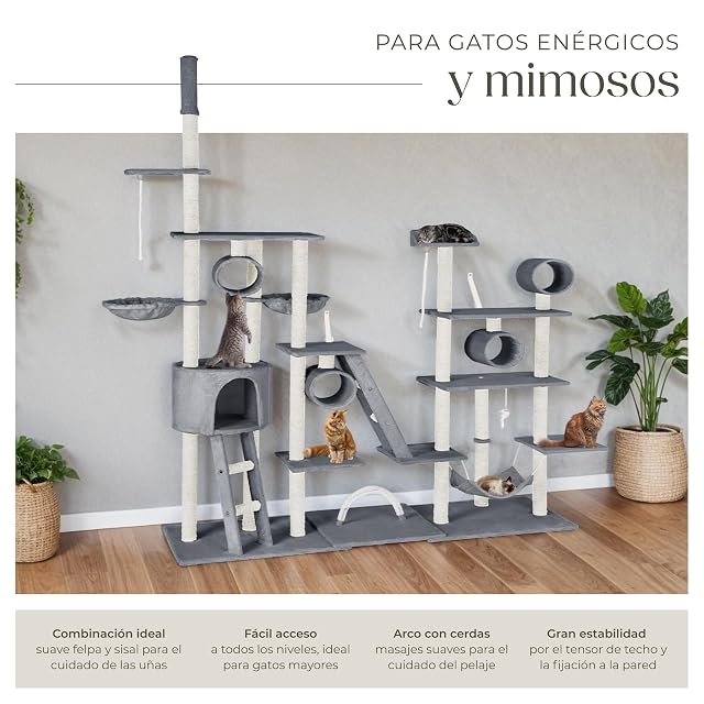 Foto 3 de 8 de tectake® árbol rascador para Gatos, con casita, 2 nidos giratorios, Plataforma, Hamaca, Sistema antivuelco…