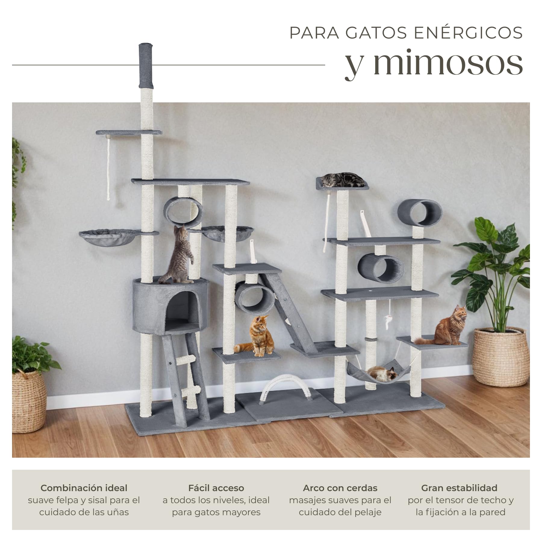 tectake® árbol rascador para gatos, con casita, 2 nidos giratorios, plataforma, hamaca, sistema antivuelco, ratón de juguete, cama para gatos, rascador gato, postes de sisal - 261 cm alto Gris