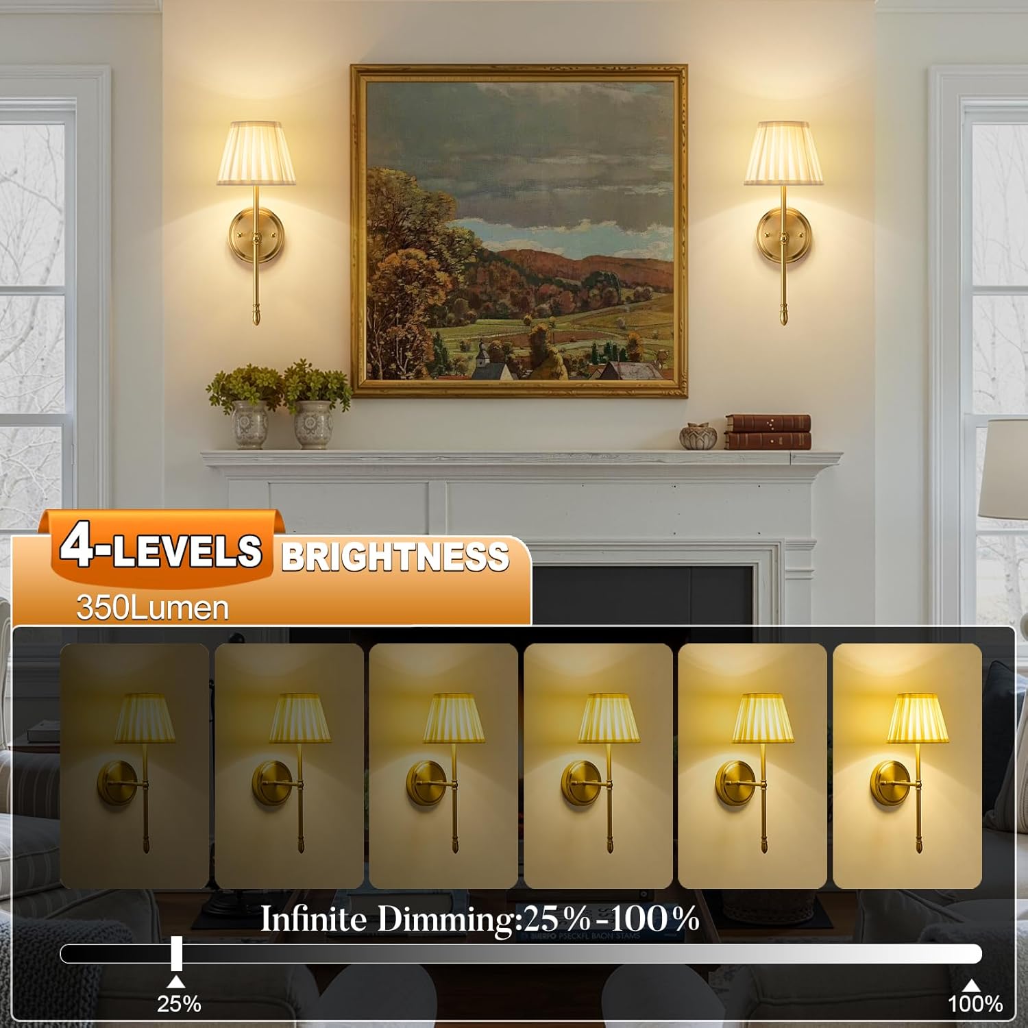 Battery Operated Wall Sconces Set of 2，Wireless Gold Wall Lights with 10000mAh Dimmable Led Bulds and Remote, Rechargeable Fabric Wall Mounted Lamp for Bedroom, Living Room, Hallway