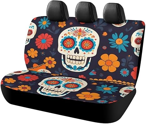 Car Seat Protector SUV Bench Seat Cover Fashion Decor, Dirt Proof Dog Car Back Seat Cover for Trucks SUV Day of The Dead Sugar Skulls and Flowers