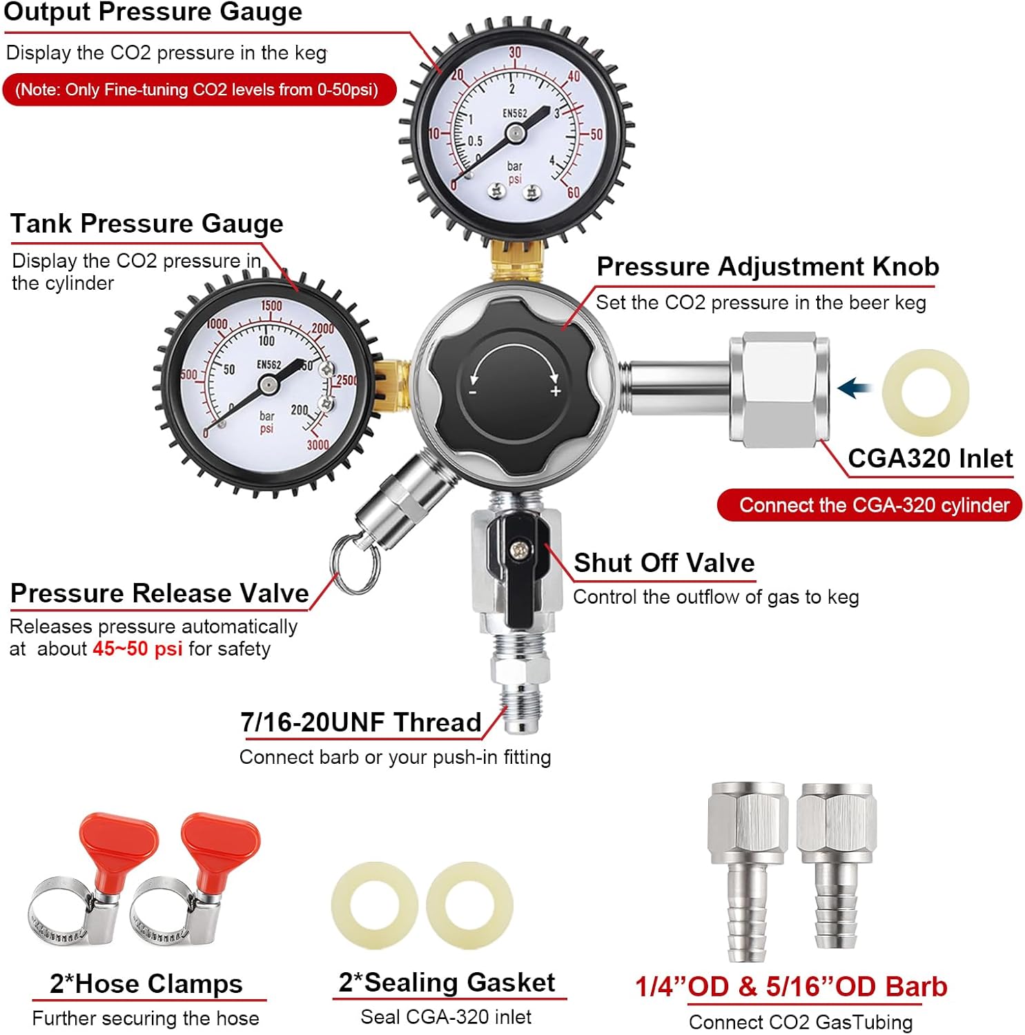 CO2 Regulator for Kegerator CO2 Regulator Beer Keg Regulator CO2 Kegerator Regulator CGA-320 Co2 Tank Regulator Dual Stage CO2 Regulator Kegerator Parts Draft Beer Regulator Gauges