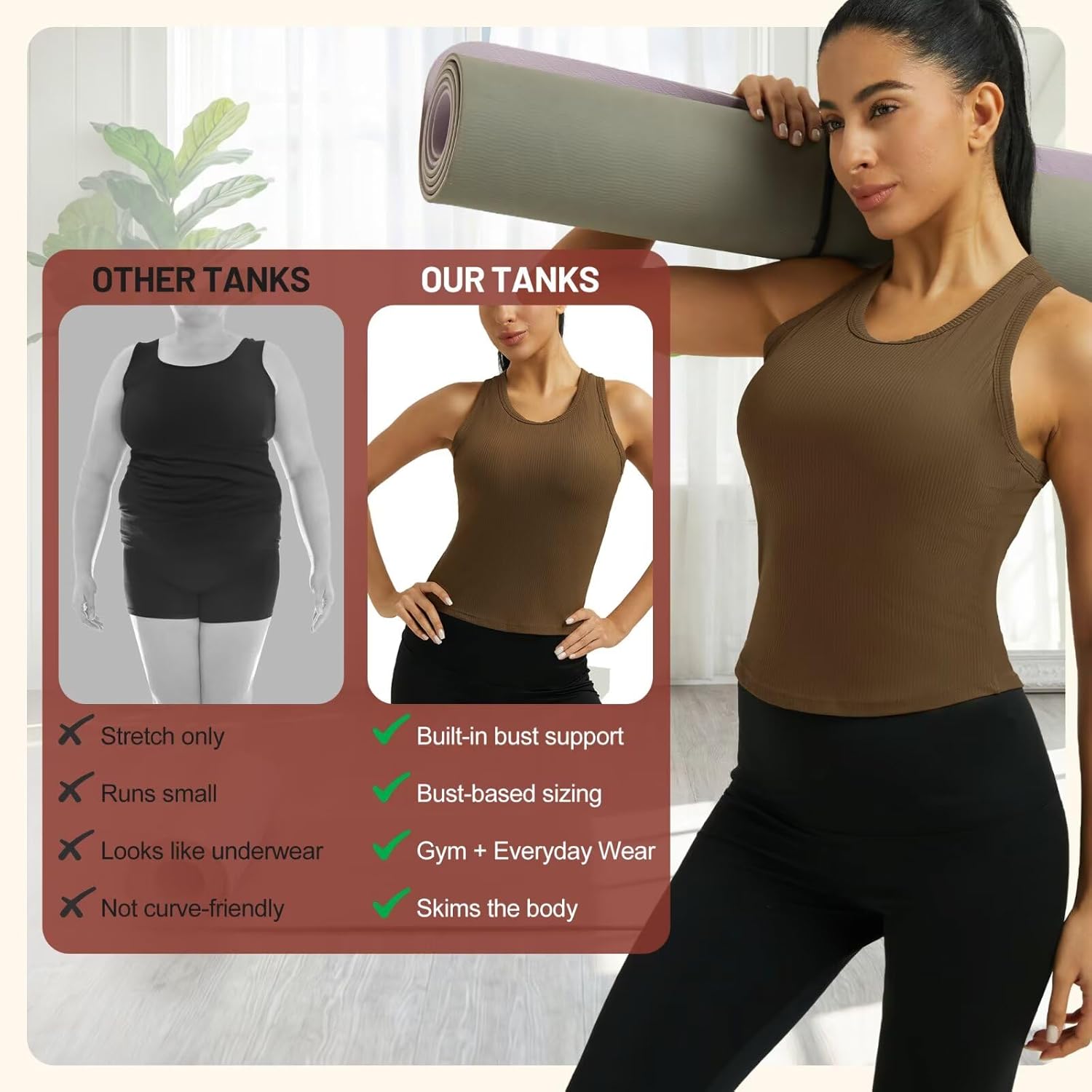 UBCUTE Women’s Tank Top with Built-in Bra, Racerback Workout Top for Large Bust, Casual Athletic Shirt for Yoga Activewear