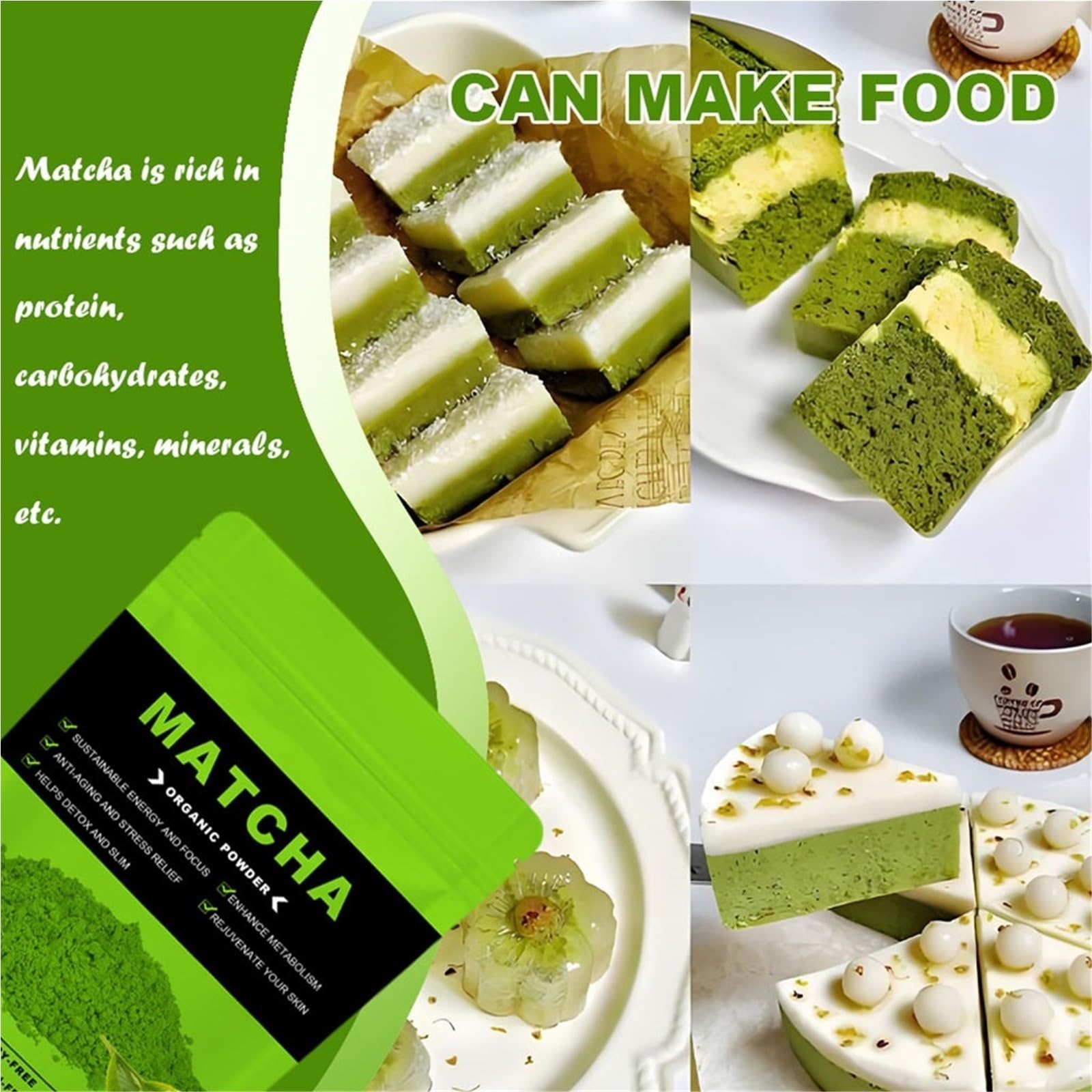 Czysty Proszek Zielonej Herbaty Matcha Premium – Naturalny, Bez Dodatków, Bez GMO, Do Napojów, Wypieków I Koktajli(3PCS)