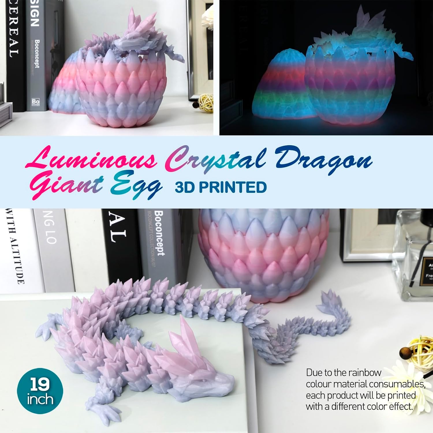 19 inch Large 3D Printed Dragon Glow in the Dark,Dragon Eggs with Dragon Inside,Surprise Dragon Egg Toy,Prefilled Easter Eggs Basket Stuffers for Boys Kids Teen 5-7 4-6 8-12