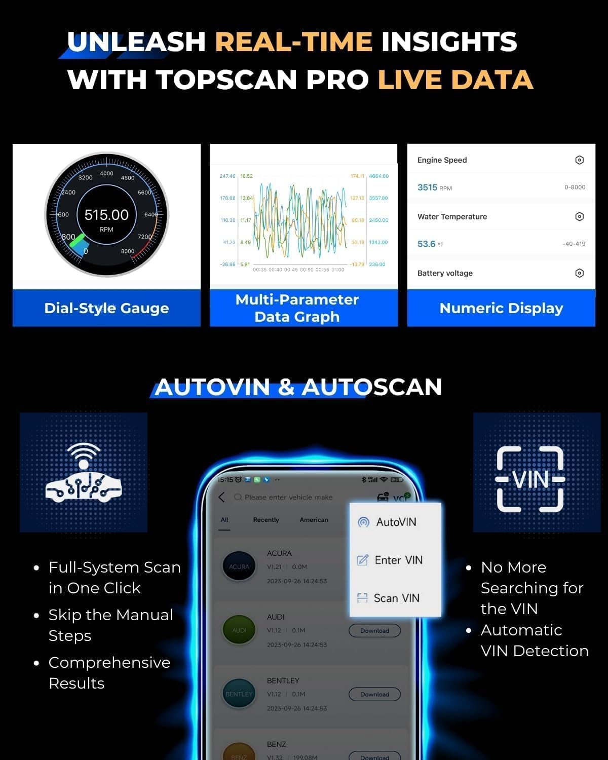 TOPDON TopScan Pro, diagnostyk OBD2 z Bluetooth, diagnostyk samochodowy, narzędzie diagnostyczne OBDII do wszystkich pojazdów, 13 Funkcja, czytnik kodów dla systemów iOS i Android, FCA i CAN-FD