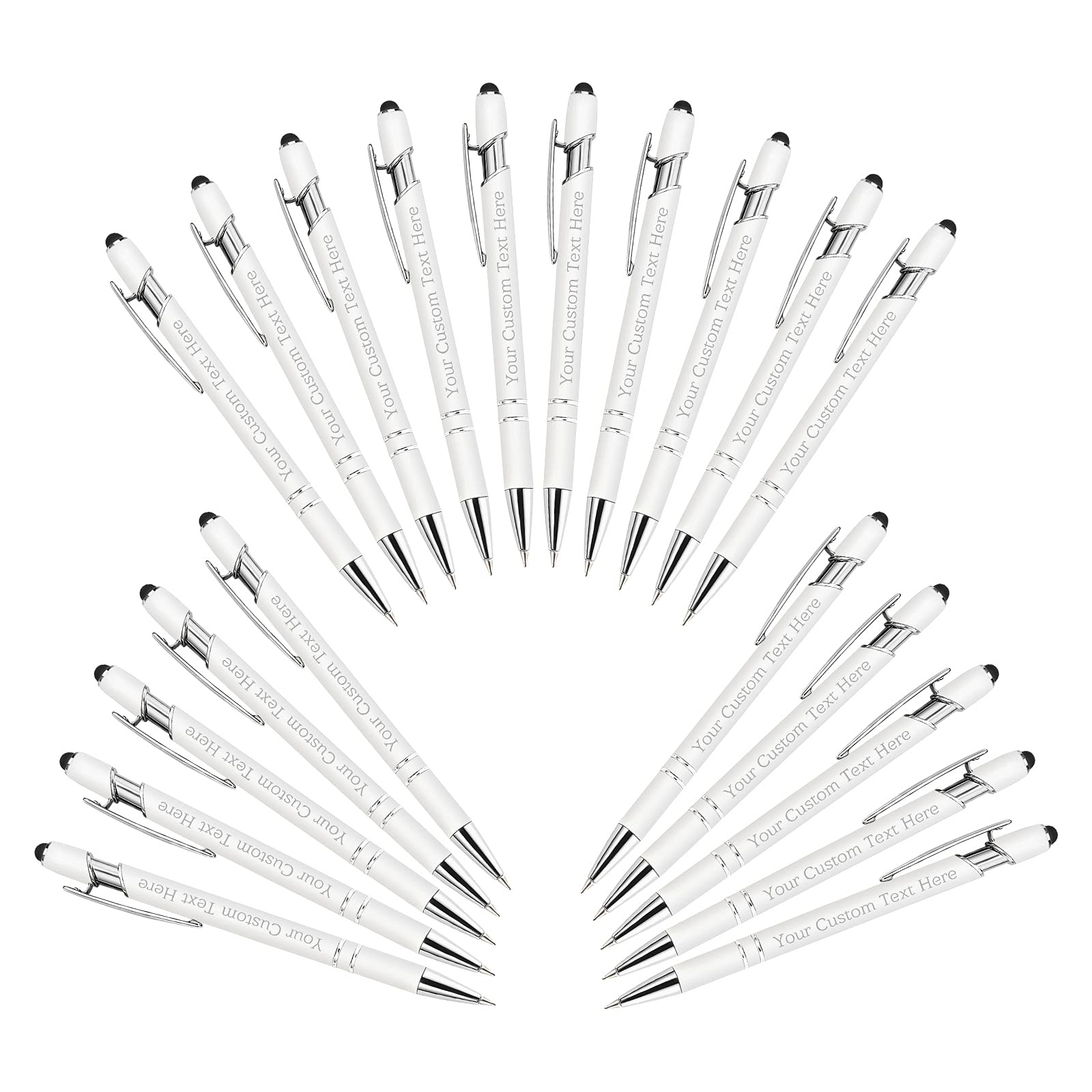 BYWEXCLESD Personalised Custom Pens Bulk Free Engraving with Name Message Customised Ballpoint Pens with Stylus for Business Office Graduation Customised Gifts for Men Women(20 Pcs White)