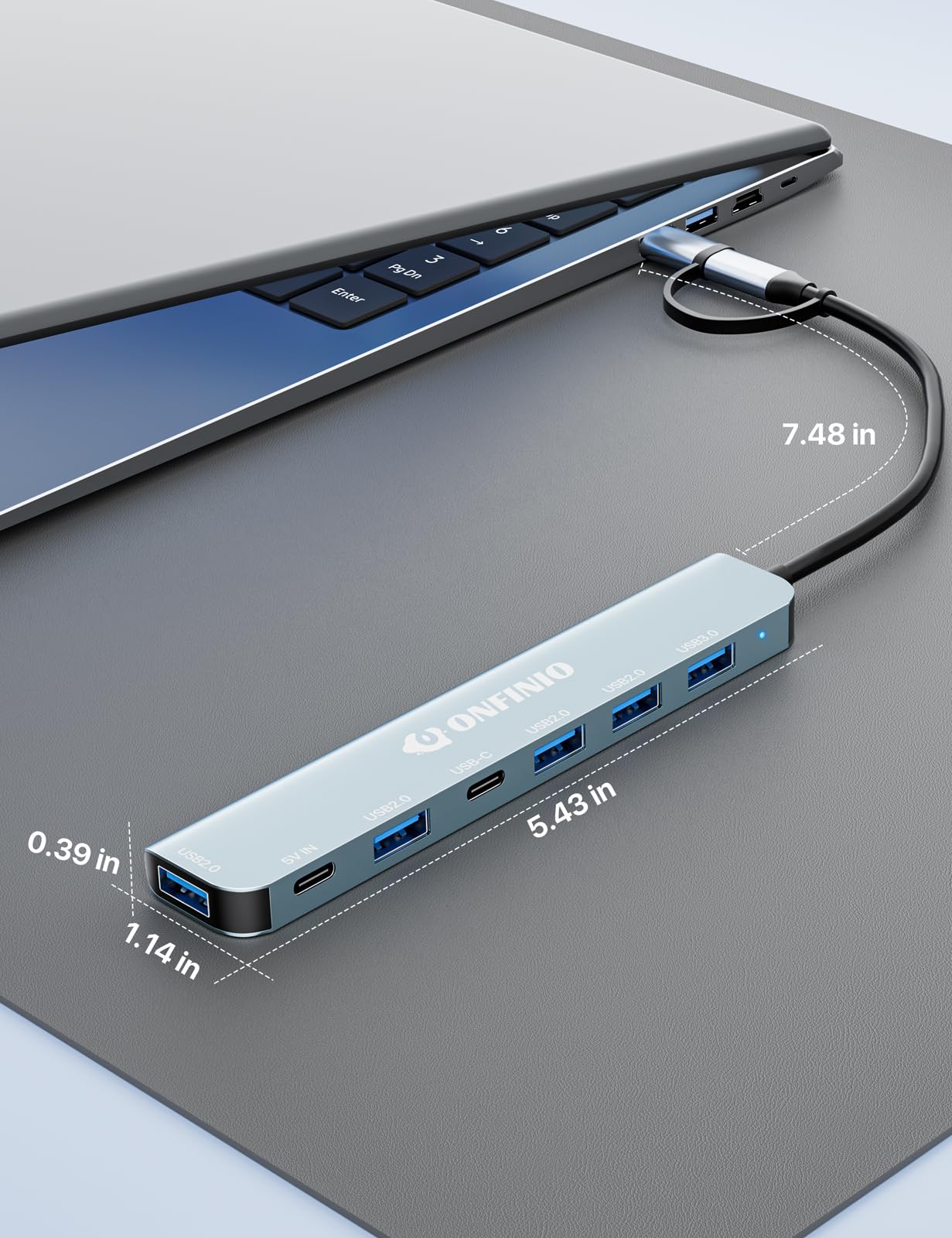 ONFINIO Hub USB C Hub wieloportowy adapter, 7 w 1 aluminiowy koncentrator USB 3.0 z 1 * USB 3.0, 4 x USB 2.0, 1 x USB C i 1 x port zasilania 5 IN do PC/laptopa/MacBooka/iPada Pro i innych urządzeń