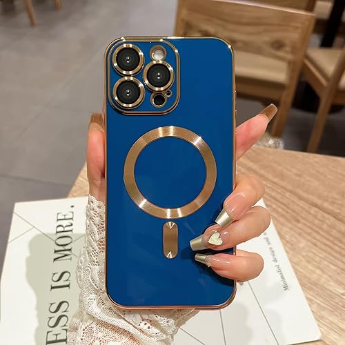 Miniatura 10 de OOK Magnatic - Funda para iPhone 15 Pro Max compatible con MagSafe protector completo de lente de cámara con borde galvanizado dorado, TPU suave, a