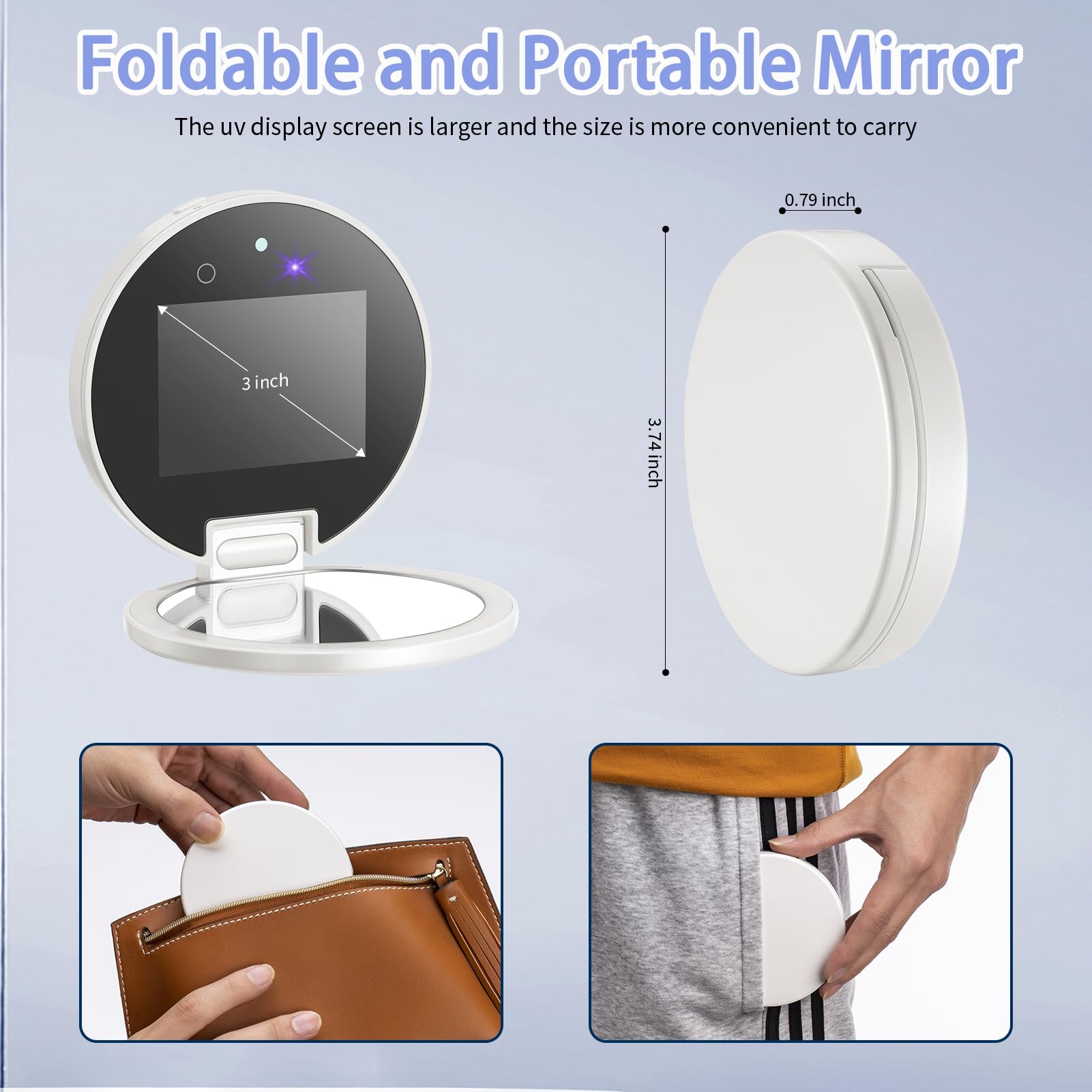 Espejo compacto inteligente UV para prueba de protección solar, espejo de maquillaje de viaje de 3 pulgadas con luces y aumento, espejo de bolsillo recargable de doble cara para protección de la piel