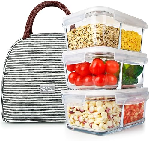 Miniatura 9 de DAS TRUST Paquete de 3 recipientes de vidrio para preparación de comidas con tapas, 3 compartimentos, recipientes de almacenamiento de alimentos de