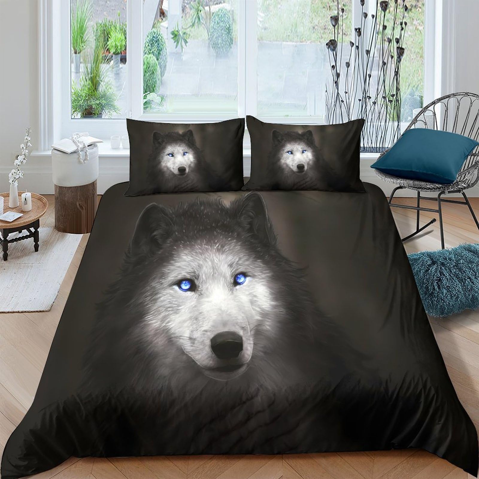 Ctjqhvkz Style-4 3D Printed Wolf Blue Eyes Fitted Sheet Microfiber Black Animal Mattress Cover For Bedroom Guest Room Decor Protection Single（135X200cm）