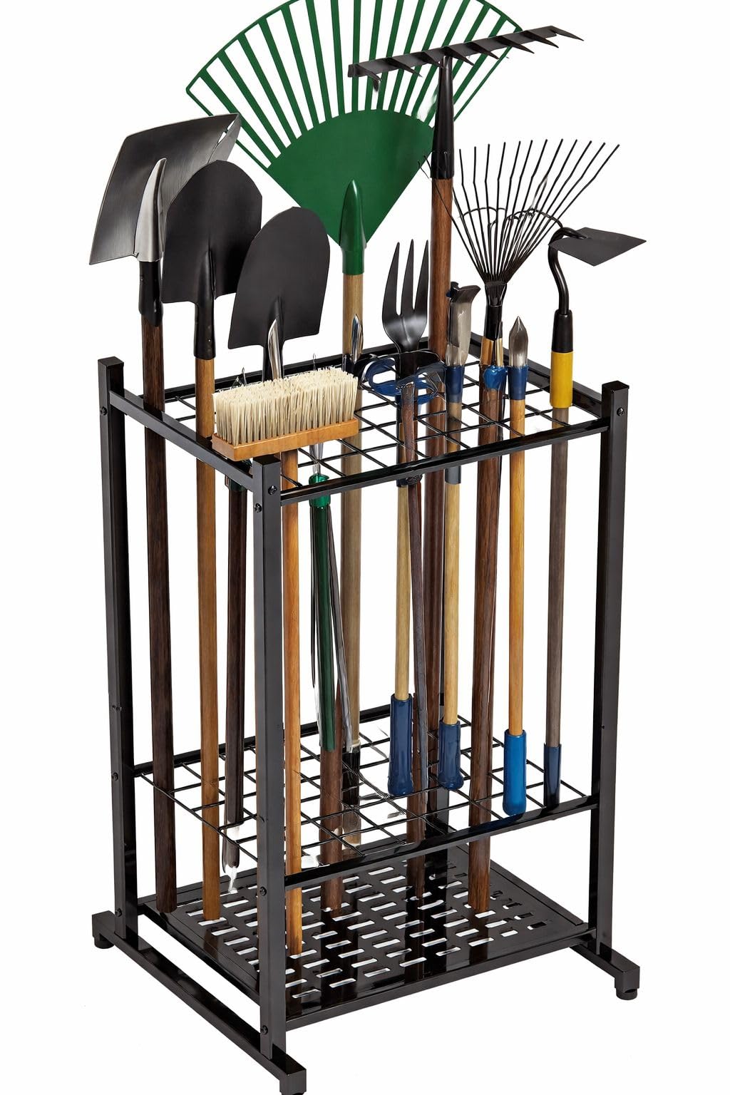 Rastrelliera Portautensili da Giardino in Metallo 43×39×76 cm – Organizzatore per Garage e Capanno – Supporto per Scope, Pale, Rastrelli e Utensili Lunghi – Struttura Rinforzata in Ferro, Colore Nero