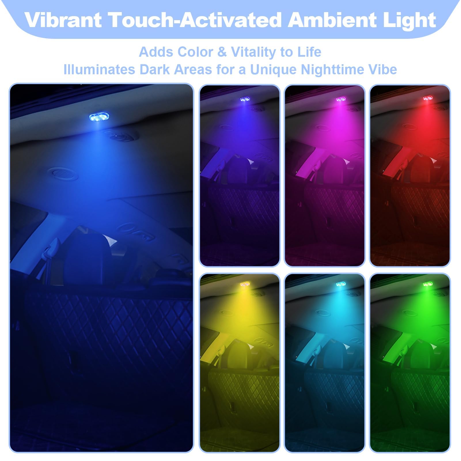 2 Piezas Luces LED Táctil para Coche, Luz Interior con 7 Colores del USB Móvil Recargable RGB Ajustable de Luces LED Inalambrico Lluminación de Coche Multiusos para Iluminación de Maletero Interior — view 7
