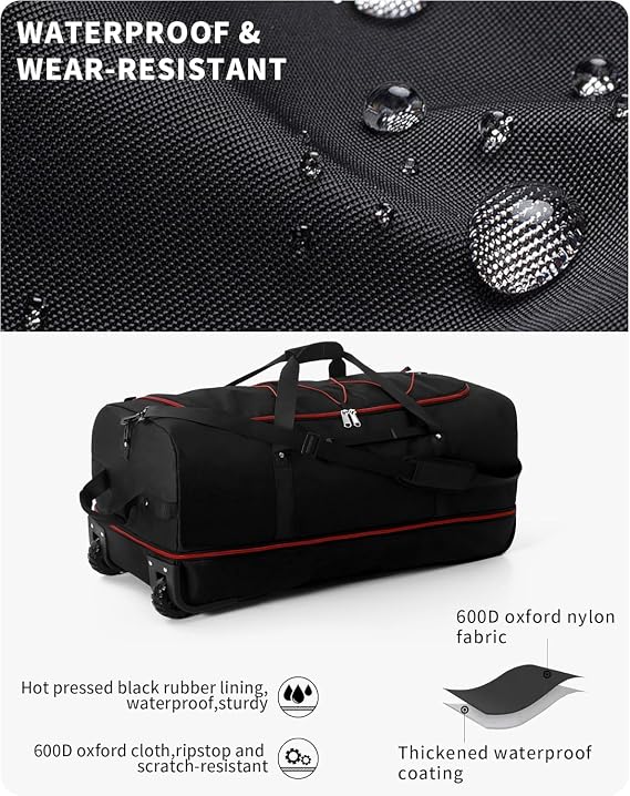 32 Soft-Sided Foldable Wheeled Travel Duffel Bag,Expandable 110L to 140L Rolling Cargo Bag with 2 Wheels and Multiple Pockets1 (Black Red)