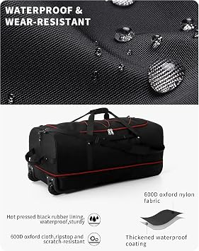 32 Soft-Sided Foldable Wheeled Travel Duffel Bag,Expandable 110L to 140L Rolling Cargo Bag with 2 Wheels and Multiple Pockets1 (Black Red)