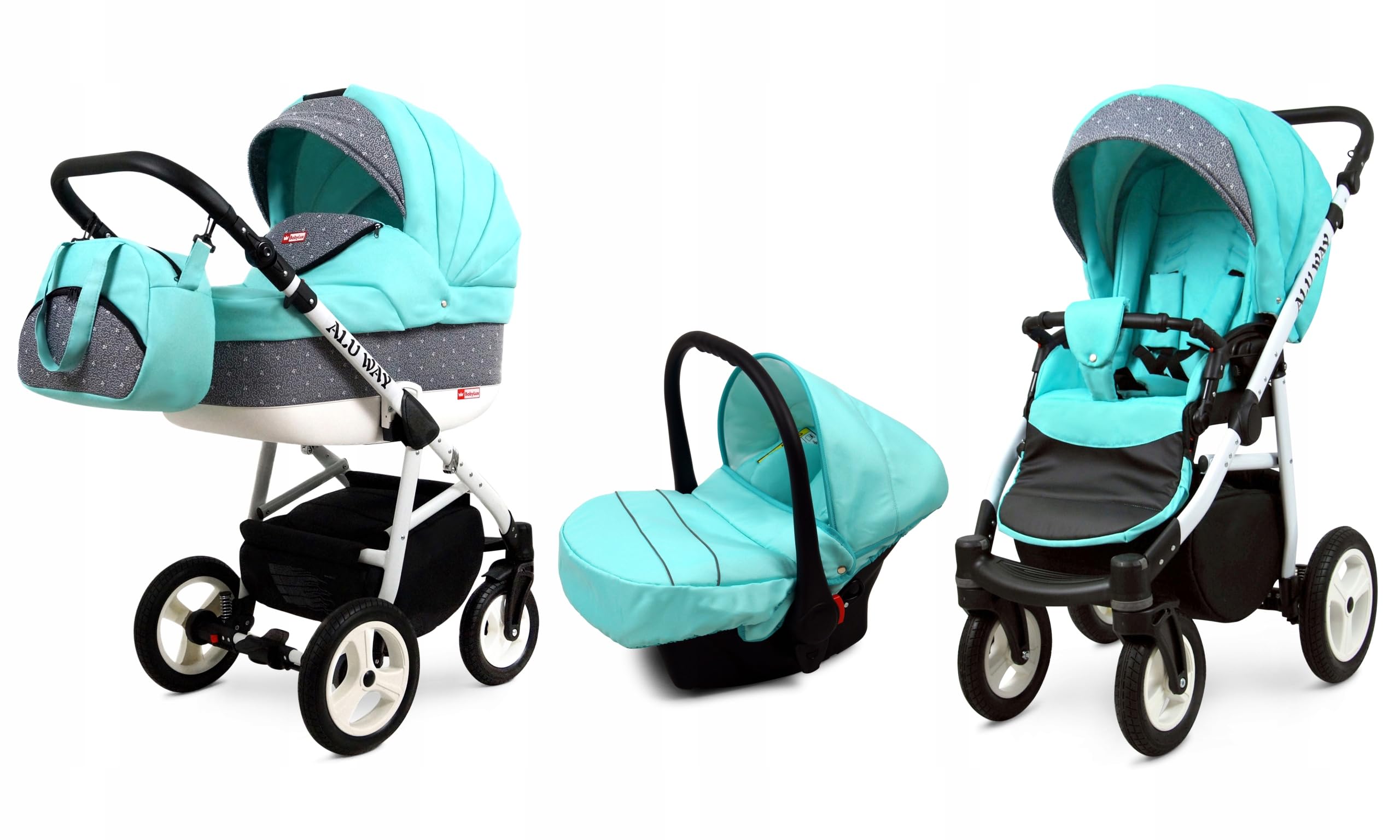 BabyLux® Zestaw wózków dziecięcych 3 w 1 – Alu Way – w zestawie wanienka dla niemowląt, fotelik sportowy, fotelik samochodowy – zestaw wózków dziecięcych z torbą do przewijania, osłoną