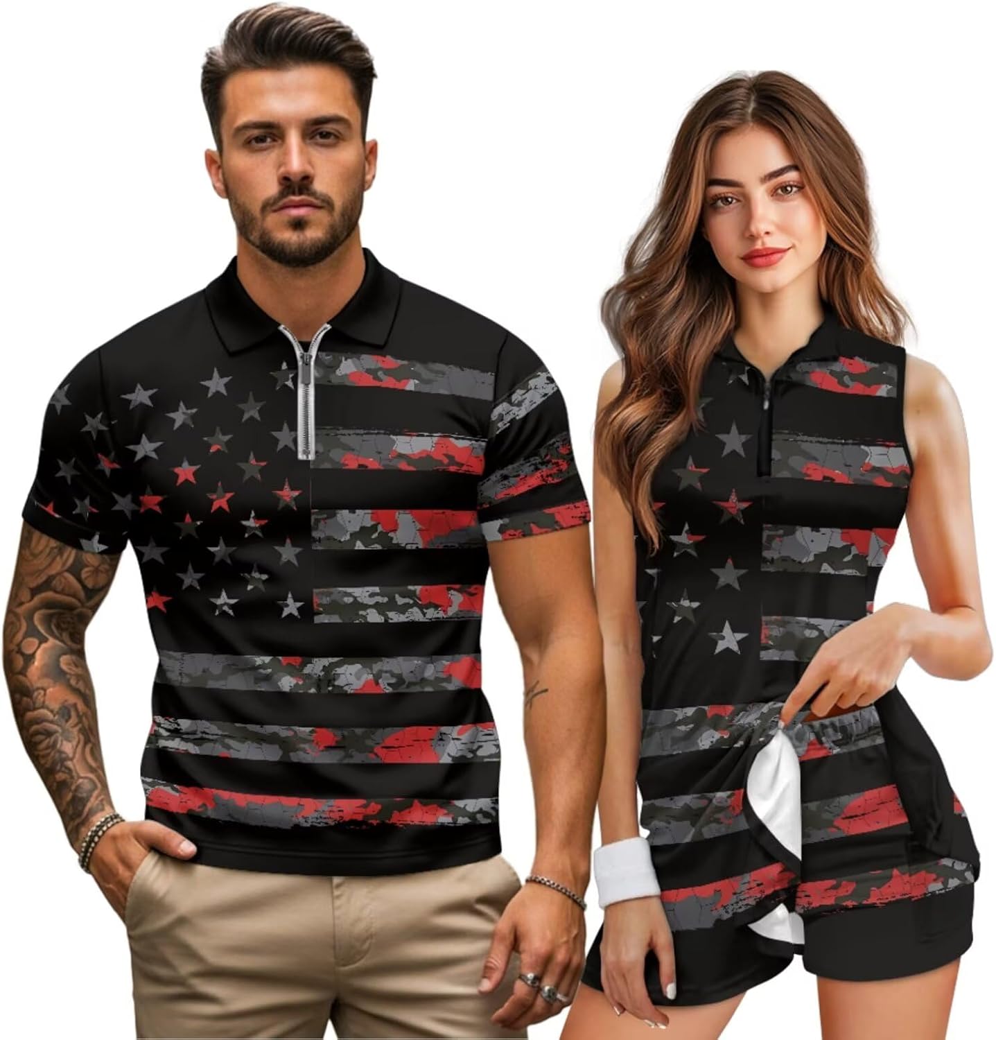 INSTANTARTS Matching Couple Outfits Mens Golf Shirts 1/4 Zip Up Workout Tops and Womens Golf Dress with Shorts Tennis Dress