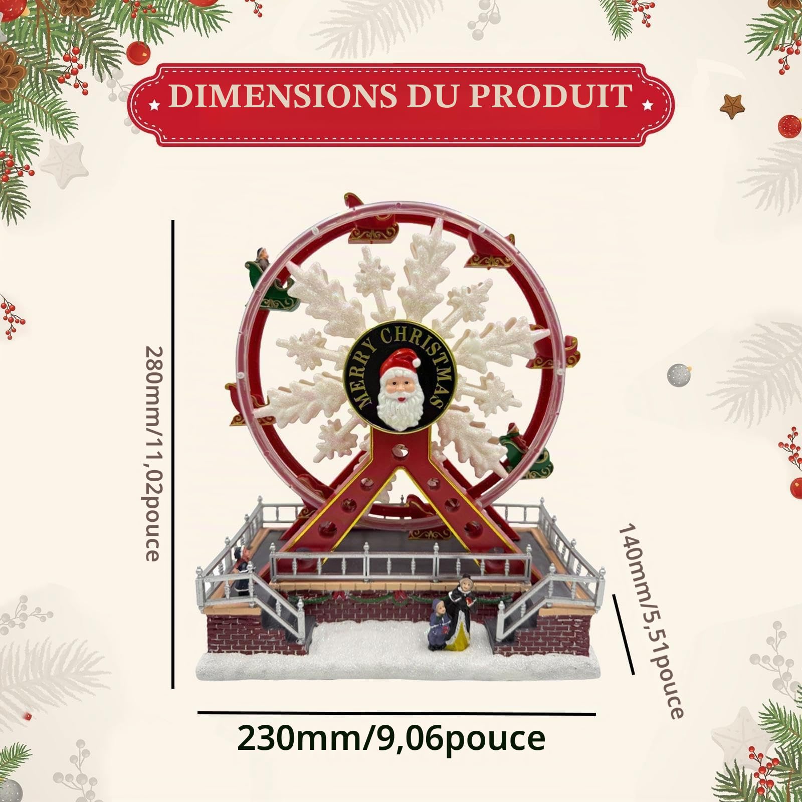 rockible Figurine de Grande Roue Illuminée, électrique Grand Roue Décoration de Noël, Cadeau de Noël avec Musique et Lumières, USB Alimenté, Ornement de Table, Sculpture pour Interieur Exterieur