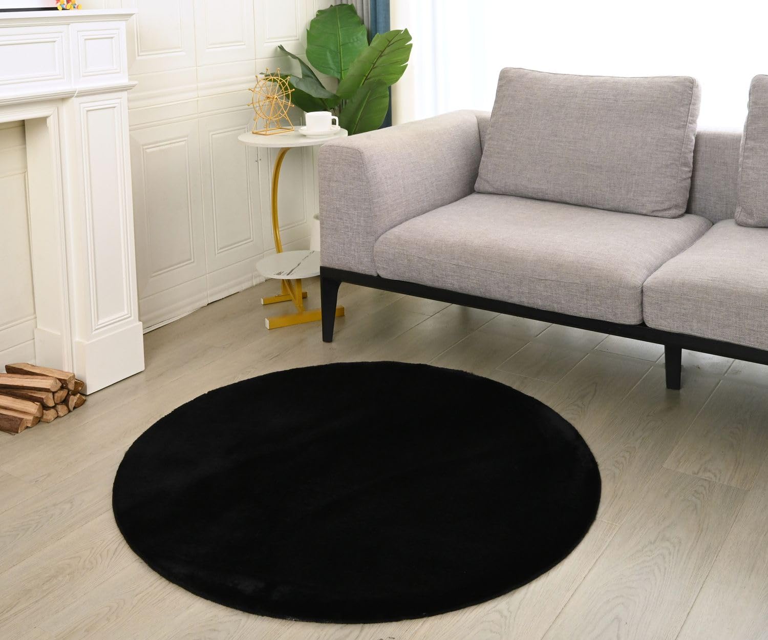 VIMODA Teppich Wohnzimmer Schlafzimmer, Kurzflor, flauschig weich, rutschfest/Anti-Rutsch, waschbar bis 30°C, Felloptik, für Fußbodenheizung geeignet,Farbe:Schwarz;Maße:Ø 120 cm Rund