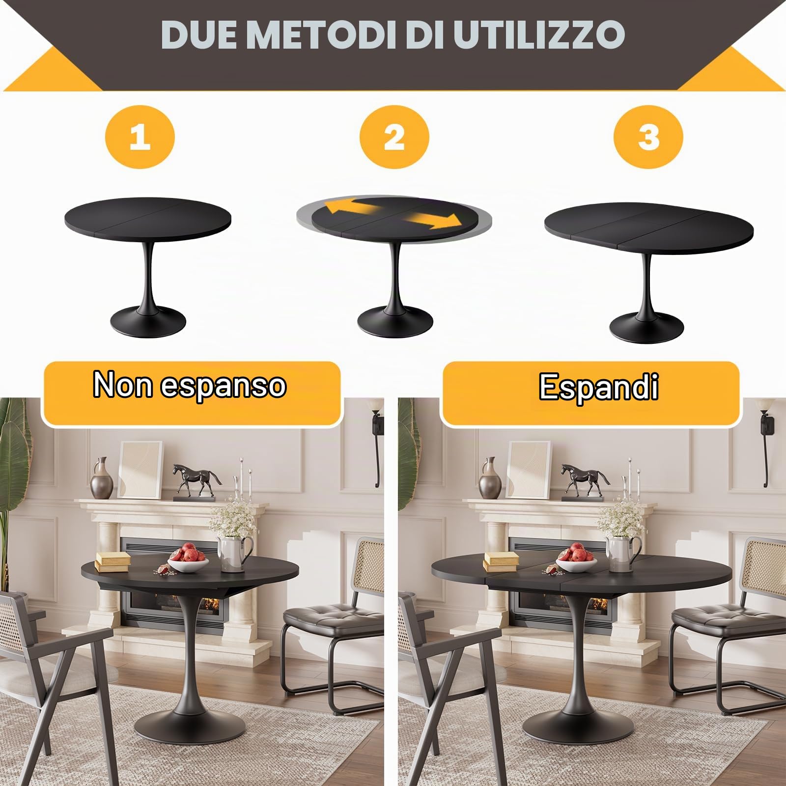 TWSOUL Tavolo da pranzo rotondo allungabile 100 – 130cm per 6 – 8 persone, tavolo da cucina con piano regolabile e base stabile a colonna, salvaspazio,superficie in legno di facile manutenzione (nero)