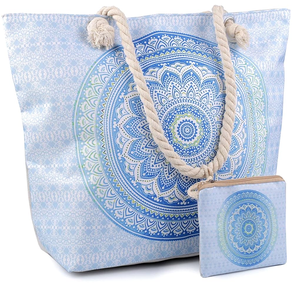Borsa da spiaggia Boho Mandala, borsa estiva XXL con manici in cordoncino, 50 x 39 x 16 cm, con mini borsa abbinata, per spiaggia, picnic, vacanze, tempo libero, piscina