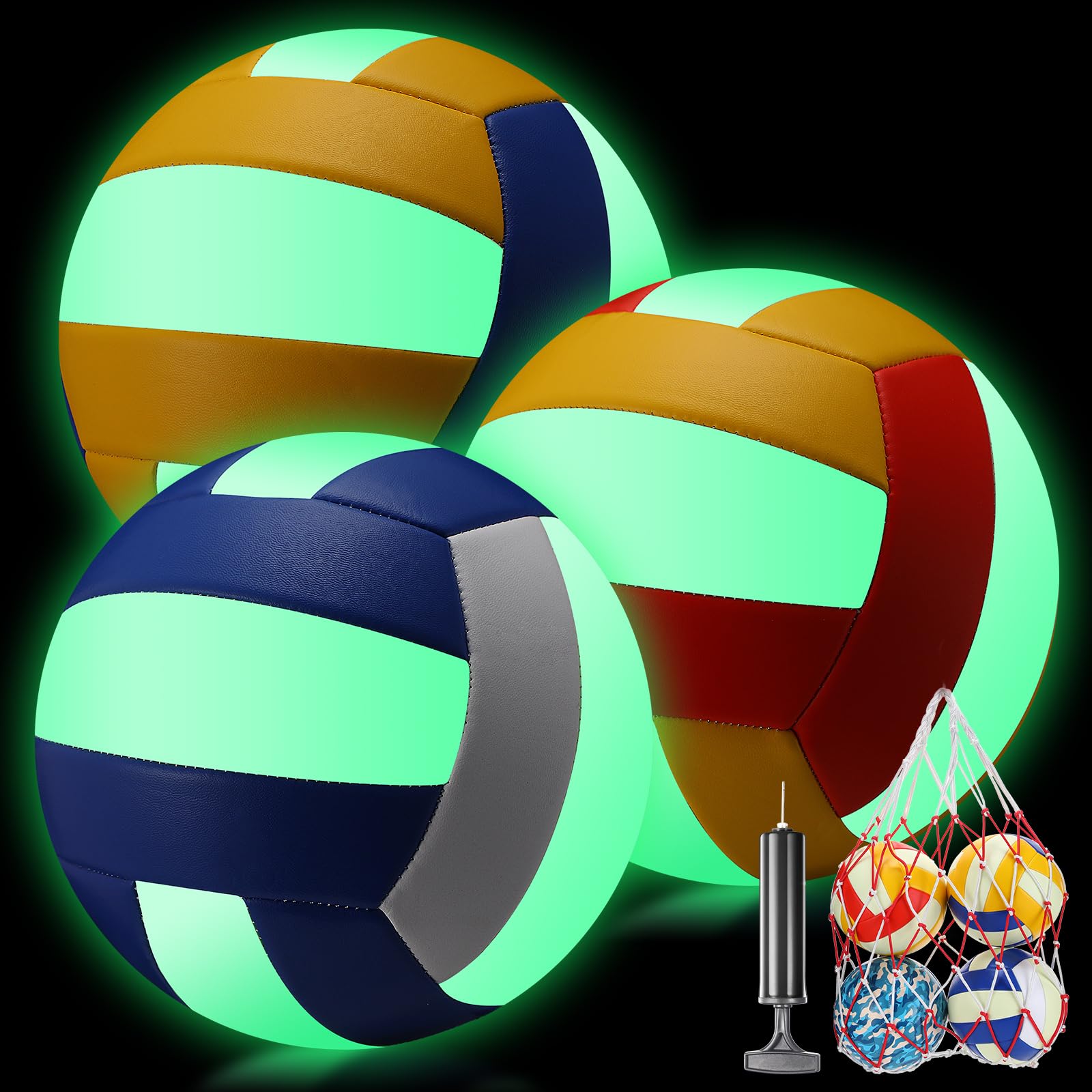3 Stück Volleybälle, leuchtet im Dunkeln, offizielle Größe 5, mit Pumpe und Netztasche, wasserdicht, weich beleuchtet, Volleyball für Kinder, Jugendliche, Erwachsene, Training, Geschenk