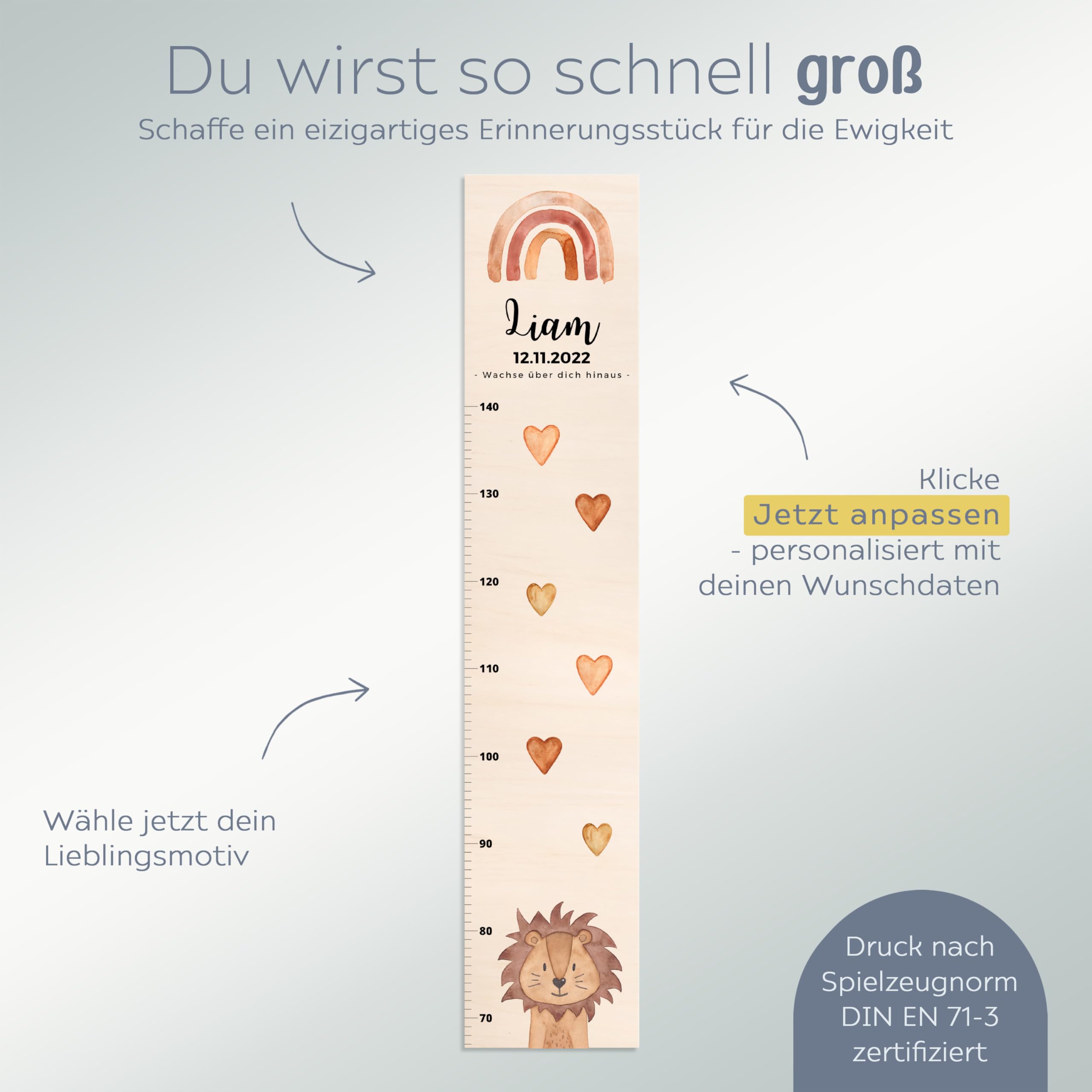 wunderwunsch® - Personalisierte Messlatte Kind Holz zum Kleben oder Aufhängen - Skala 70-140cm - Süße Dekoration für Baby- & Kleinkinderzimmer (Löwe)
