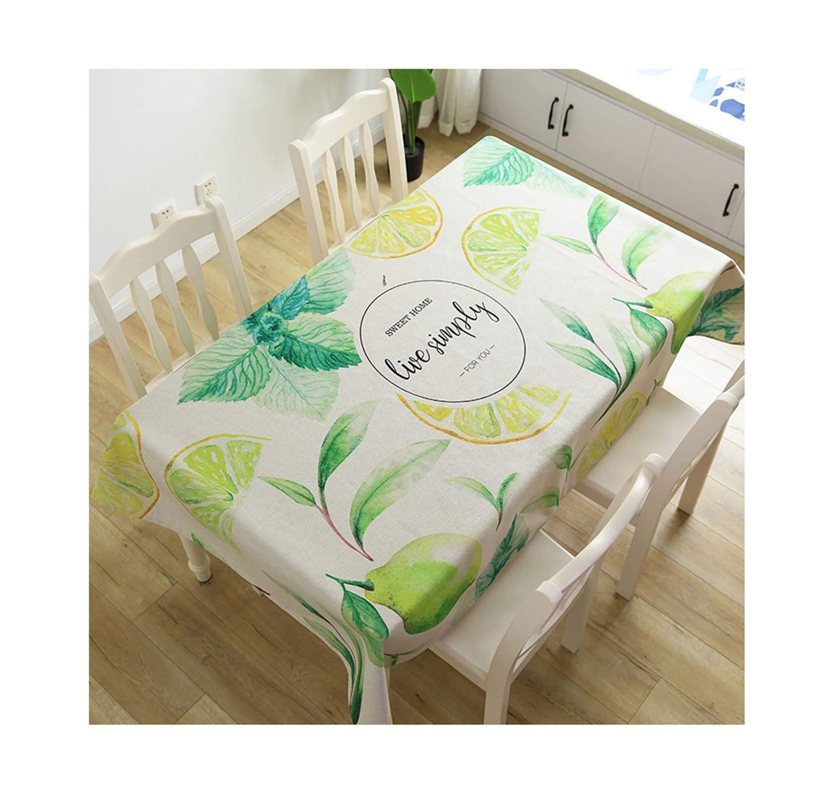 Nappe fruits et feuilles 140x200cm en coton lin vert pour table rectangulaire moderne