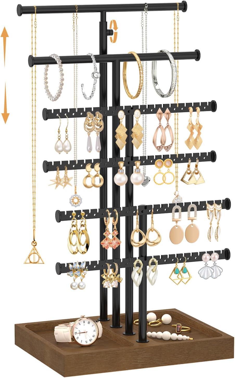 MODOWEY Necklace Holder Organizer Earring Display Stand with Wooden Tray, Metal Adjustable Bracelet Tree Rack for Women Vendor Selling, 6 Tier Tall T Bar Large Storage Tower for Find Jewelry In Second