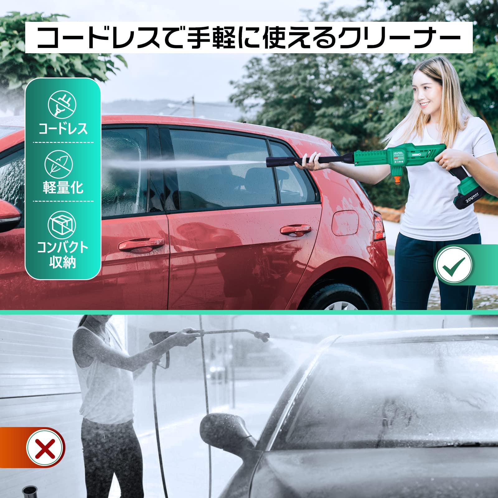 Amazon | KIMO 高圧洗浄機 充電式 コードレス 小型高圧洗浄機 洗車 20V