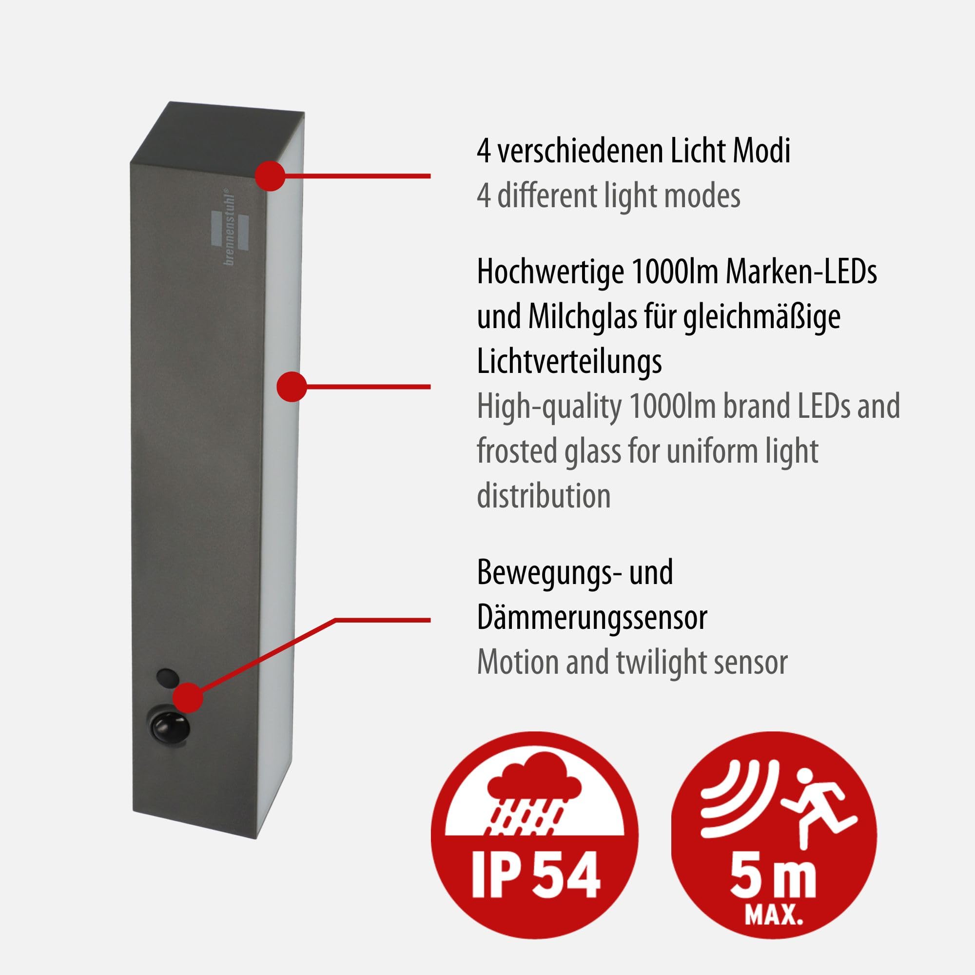 Brennenstuhl Faro solare a LED SOL 1000 Cubus, lampada da parete a LED per esterni con rilevatore di movimento (IP54, 1000lm, 4 diverse modalità di illuminazione, sensore crepuscolare, incl. batteria