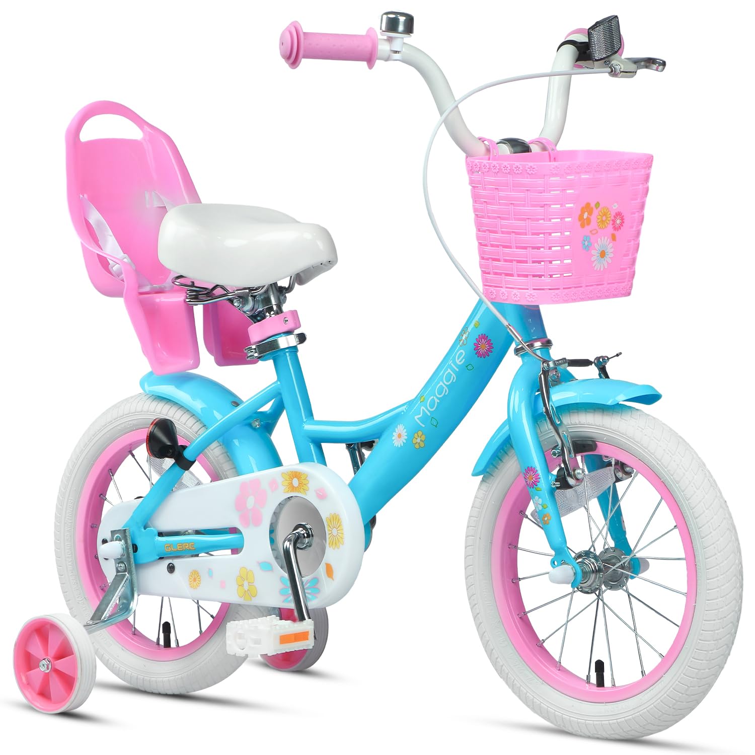 Glerc Maggie Girls Bike, 12-20 Inch Kids Bike for 2-13 Years Old Children, Princess Style Kids Bicycle with Doll-Seat & Basket & Training Wheels, Multiple Colors