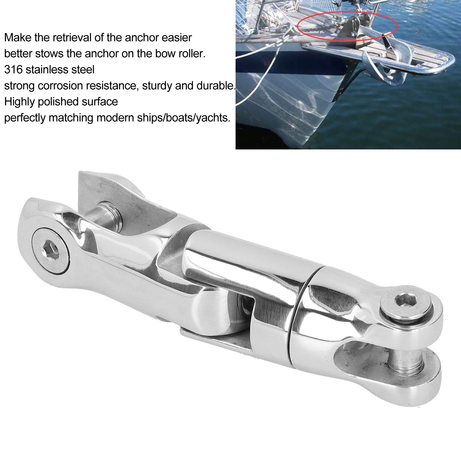 Conector de ancla de barco, Conector giratorio de ancla Qiilu, conector giratorio de ancla de barco, 3 juntas, acero inoxidable 316, hardware pulido con espejo para cadena de 0.4-0.5in