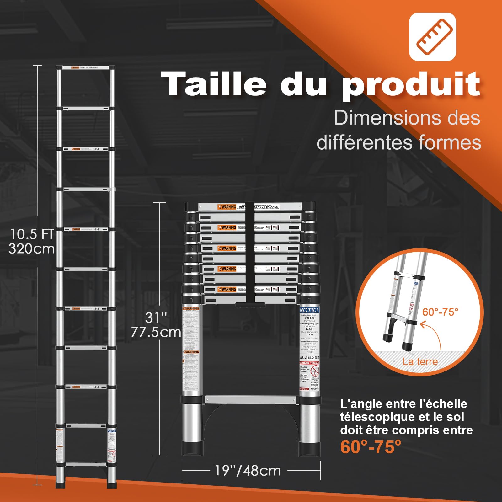 HBTower 3.2M/10.5FT Echelle telescopique, Escamotable en Aluminium,Echelle plianteConvient aux Camping-Cars, greniers, extérieurs et intérieurs, Charge Max 150 kg,Argenté