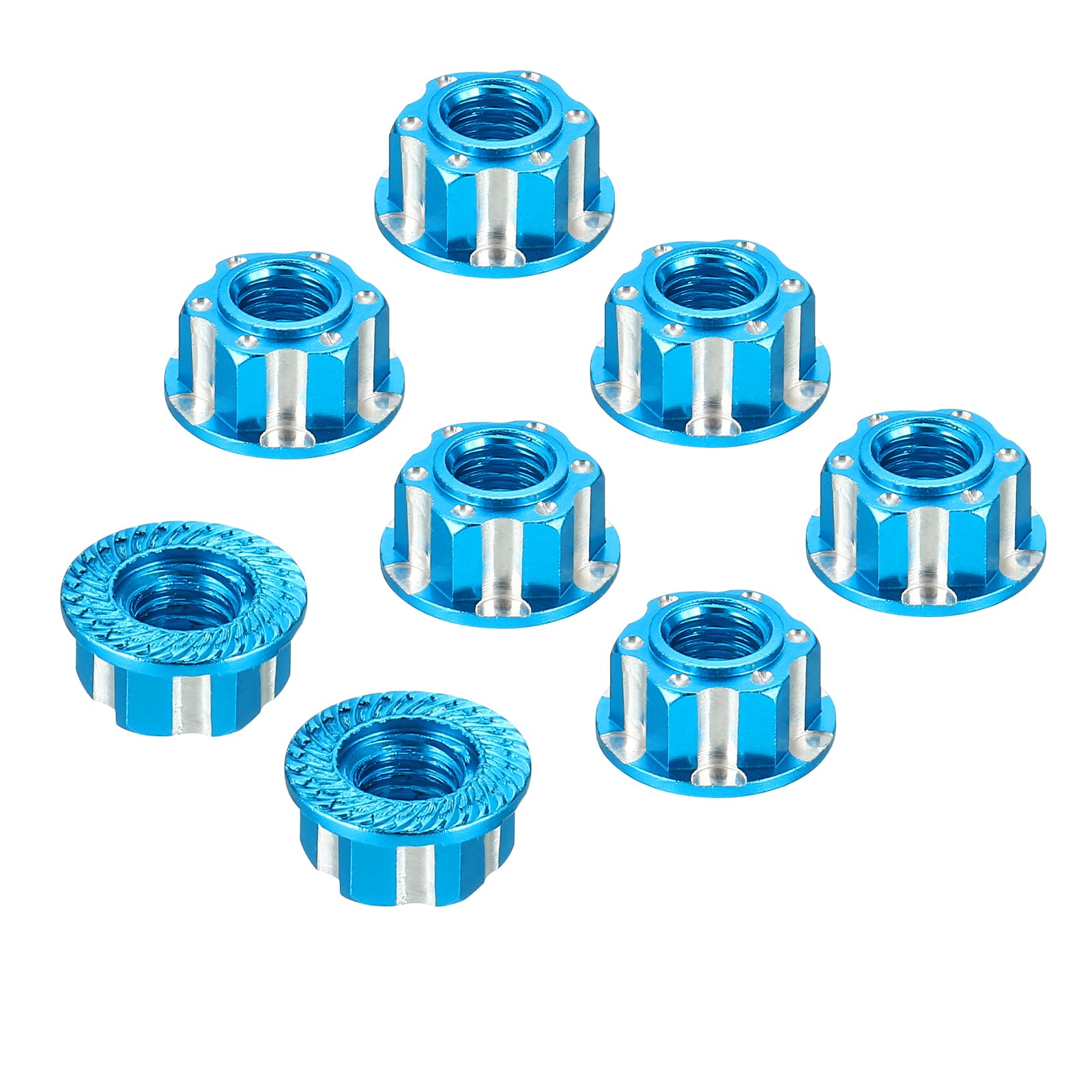 sourcing map Hexagonal Nuts Aluminum M4 RC Wheel Carving Hex Nuts Dustproof Anti-Skid Mount Cap for 1/10 RC Model Car Trucks Off Road Car Upgraded Parts Pack of 8(Sky Blue)