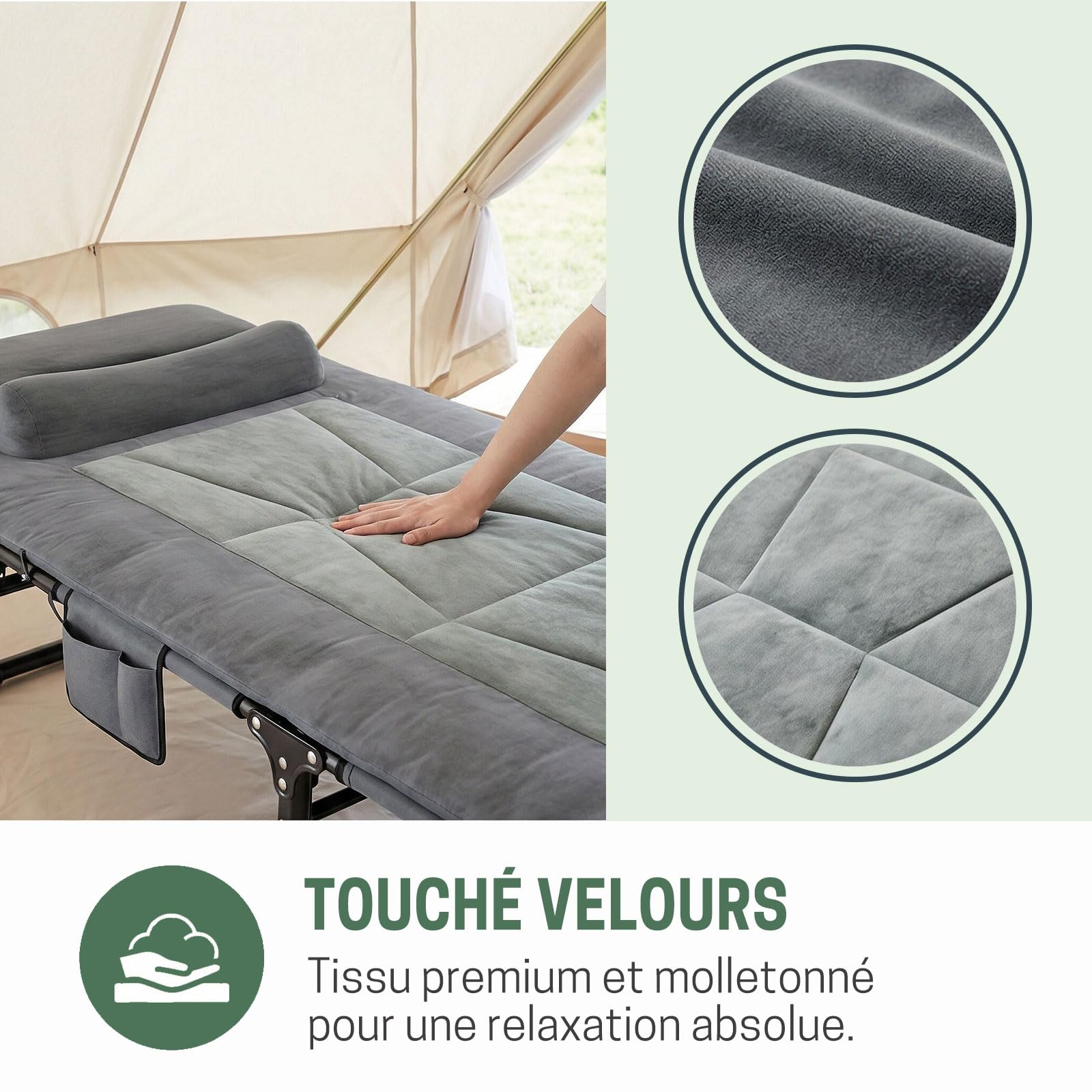 Bain de Soleil 4 Positions, Chaise Longue Pliable | avec Matelas Rembourré et Oreiller; Lit de Camping Portable; pour Jardin, Plage, Piscine, Patio; Gris