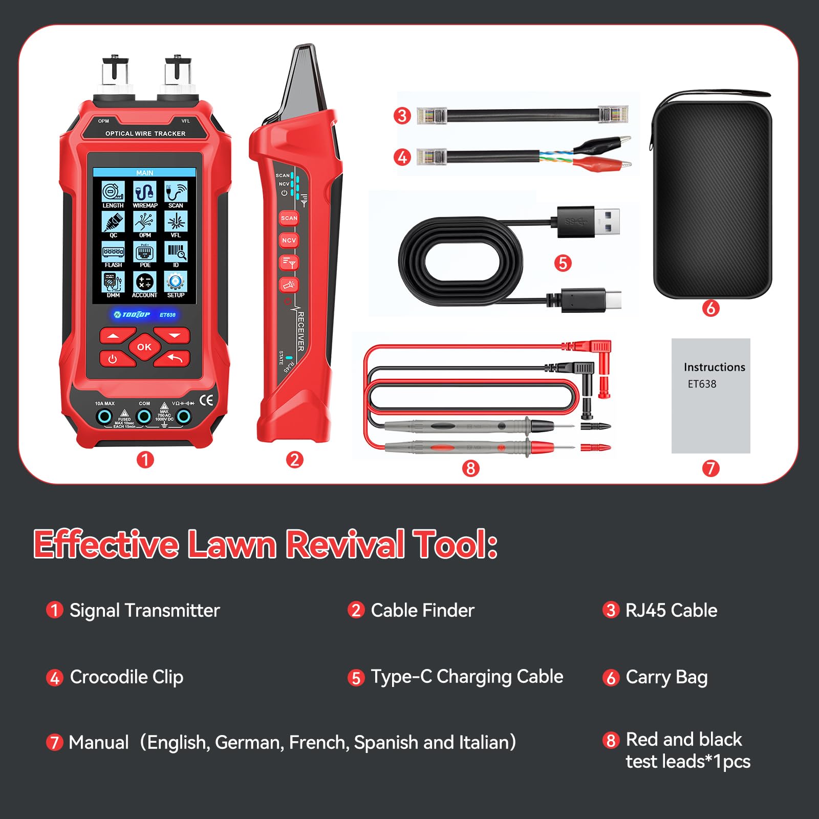 Tester per cavi di rete con funzione multimetro – RJ45/RJ11/BNC, misurazione lunghezza, rilevamento guasti, PING, PoE, tracciamento tono, display LCD multifunzione