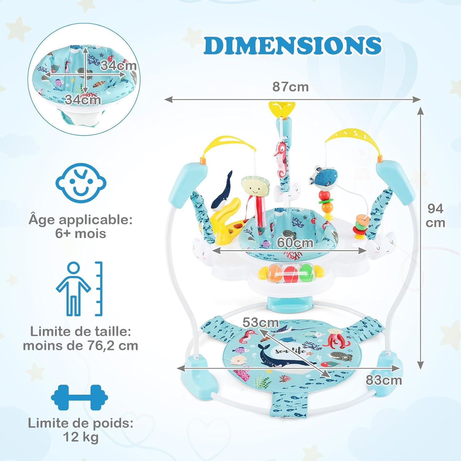 DREAMADE Jumperoo Jungle Bébé avec Siège Pivotant 360°&Amovible,Aire d'Éveil à Rebonds Animaux avec 3 Hauteurs& 9 Jouets&Musique&Lumière,Jouet Enfants 6Mois+ (Bleu+Océan)