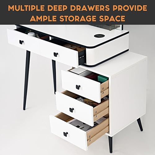 Miniatura 7 de SDHYL Juego de escritorio de tocador, tocador con espejo y luces, tocador de maquillaje con estación de carga, tocador blanco con mucho