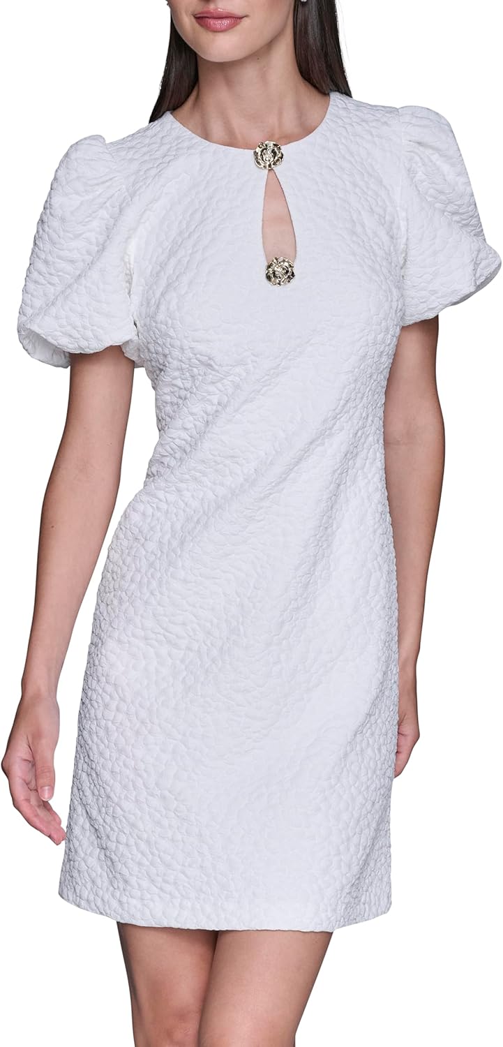 Karl Lagerfeld Women's Short Sleeve Round Neck with Key Hole Textured Jacquard Dress